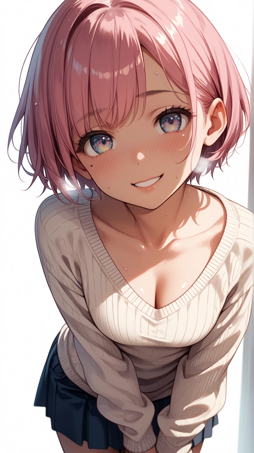 best quality,high-quality illustration, high school girl、Mole around the left eye,Heavy breathing、 sunburn、dark pink hair,very short hair,(sagging breasts: 0.7),(small breasts:0.9),cleavage,half body,sweater,V-neck,(leaning forward:1.2),(Embarrassed:0.8),(shiny skin:0.7), (wet skin:0.4),(smile:0.8),(from above:2.0), white background