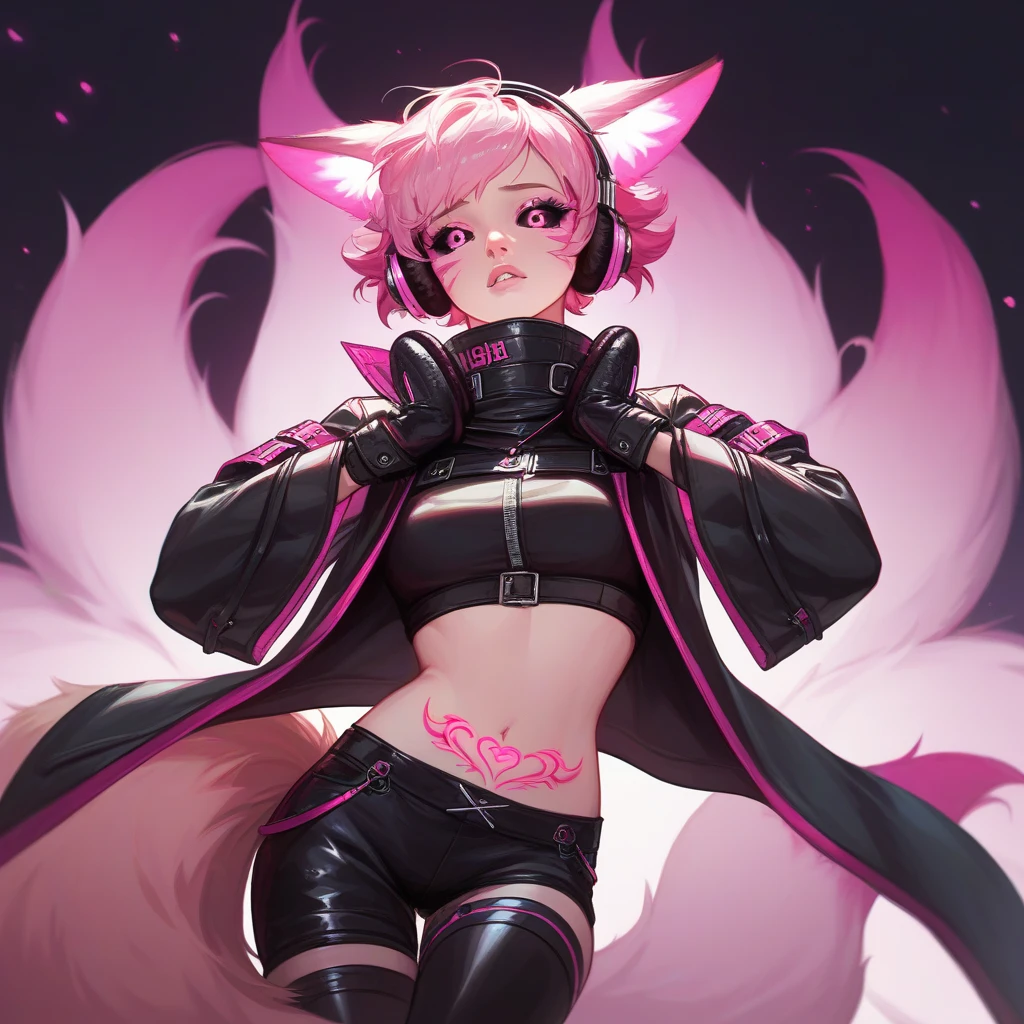 Masterpiece, best quality, expressive eyes, perfect face, 1girl, solo, horns, monster girl, magenta hair, grey eyes, pointy ears, breasts, smile, hair over one eye, night background, bar background, braid, tail, gloves, navel, jewelry, large breasts, milf, office_lady, neck_bow, suit