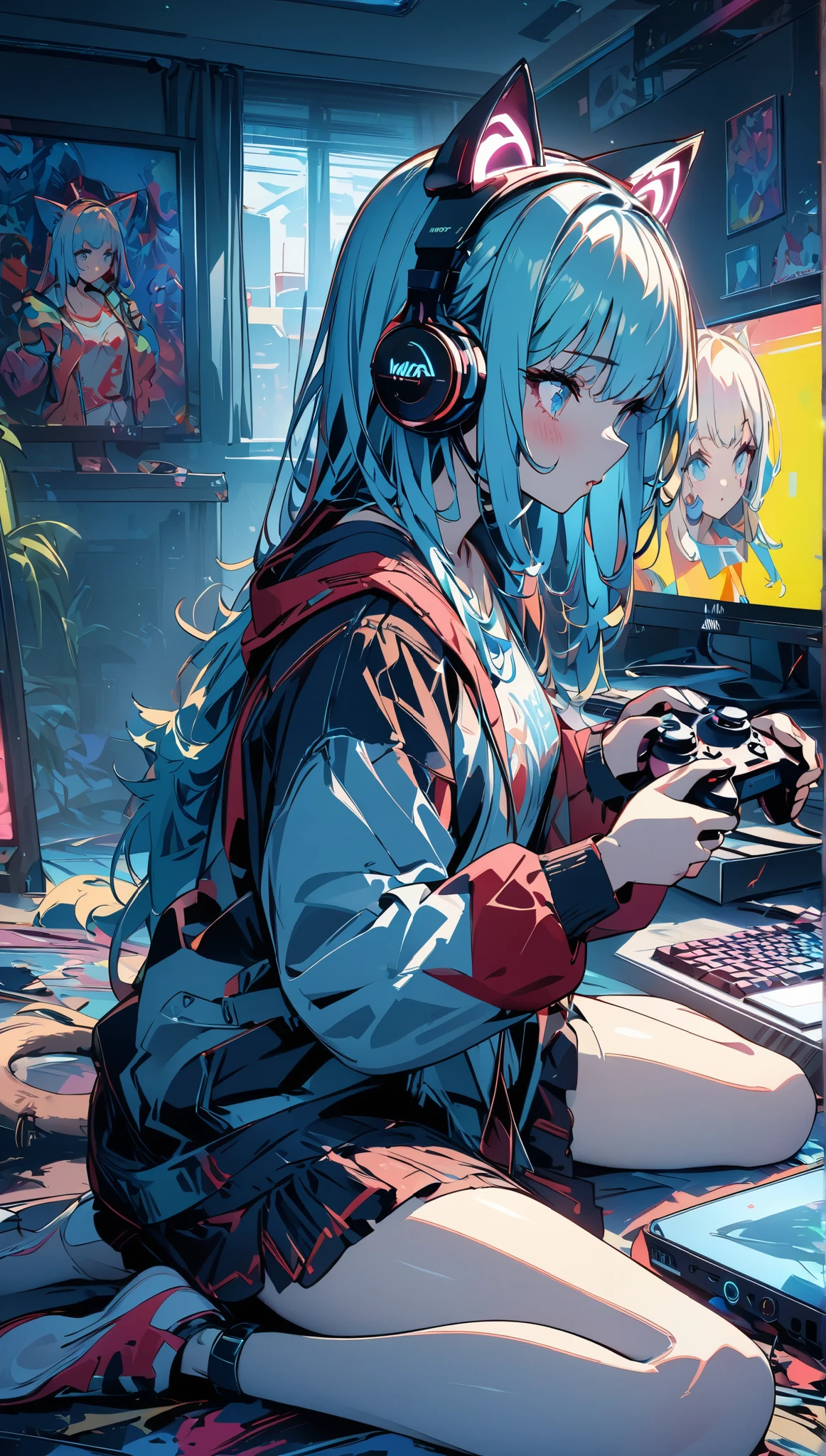 (masterpiece, best quality :1.2,超 high resolution, detailed depiction 、 high detail 、correct、 high resolution )、 one girl、 wariza、Gaming PC、Holding a controller、Cat ears headset、 playing games in the room、Pop art style、 graffiti