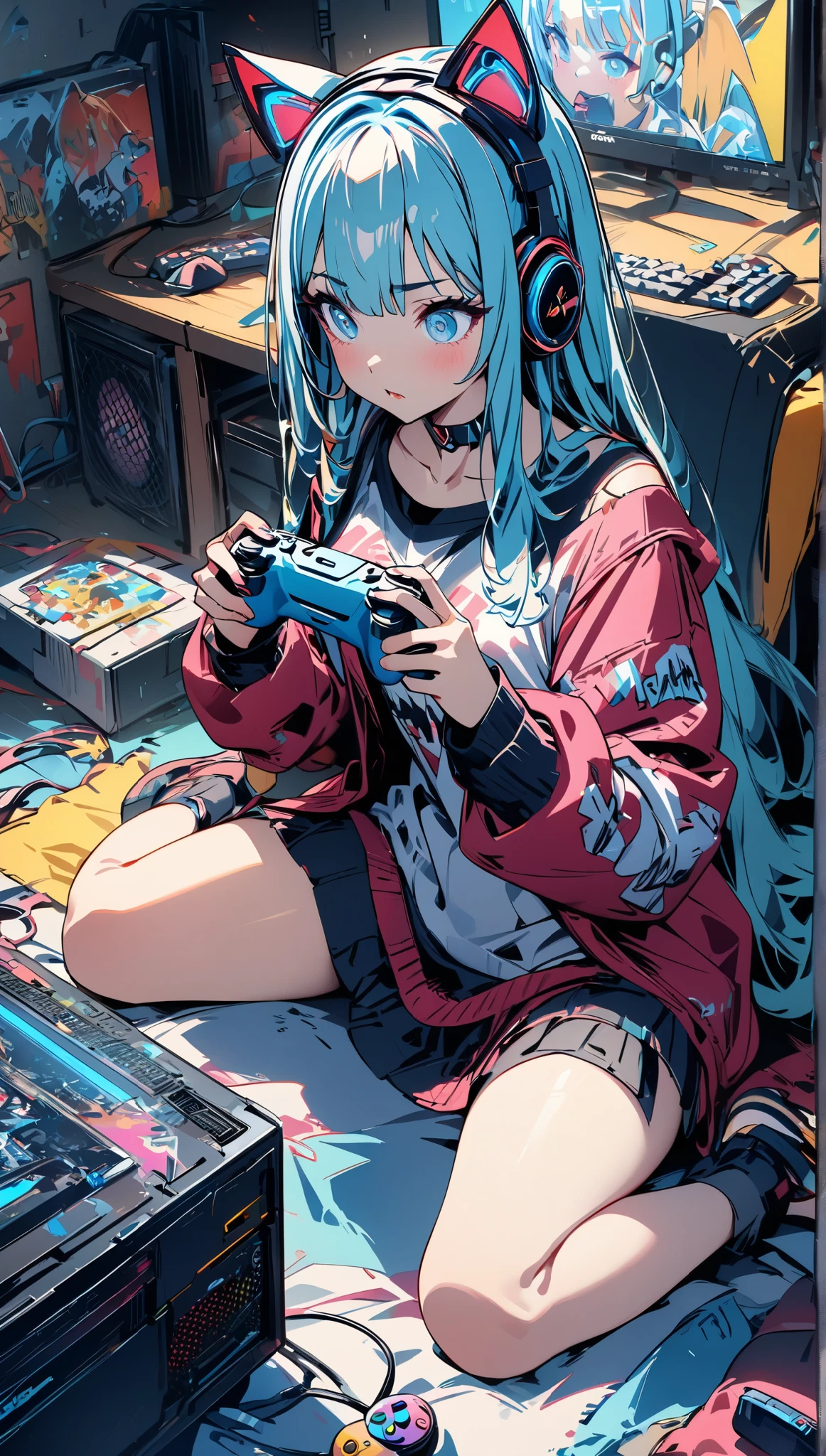 (masterpiece,  best quality  :1.2,超 high resolution,  detailed depiction  、  high detail  、correct、  high resolution )、 one girl、 wariza、Gaming PC、Holding a controller、Cat ears headset、 playing games in the room、Pop art style、 graffiti