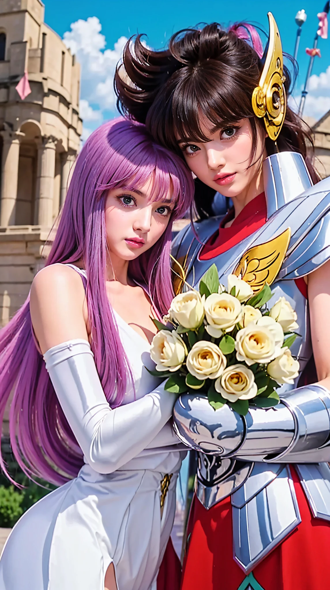 a couple of anime characters hugging each other in front of a castle, saint seiya, inspired by Matsumura Goshun, knights of zodiac girl, sakimichan and frank franzzeta, made with painter studio, real engine render saint seiya, portrait knights of zodiac girl, frank franzzeta and sakimichan, official fanart