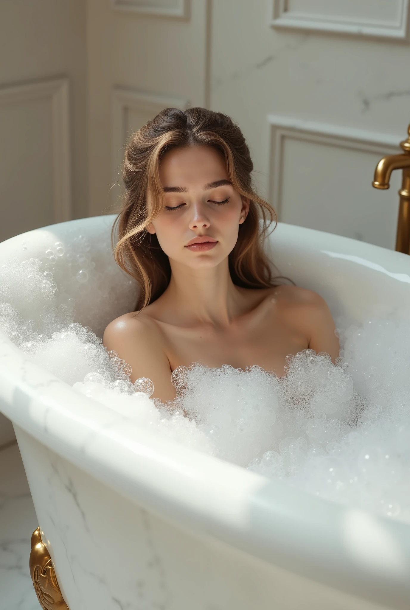((best quality, masterpiece, score_9, score_8_up, realistic photograph, life-like realism, boring)), a beautiful age girl supermodel, lounging in a spacious deep elegant white gold carved marble bathtub, Japanese, brown hair with light brown highlights, updo, lots of soap bubbles filling the tub and covering the girl, relaxed, hooded eyes, lips slightly parted in pleasure