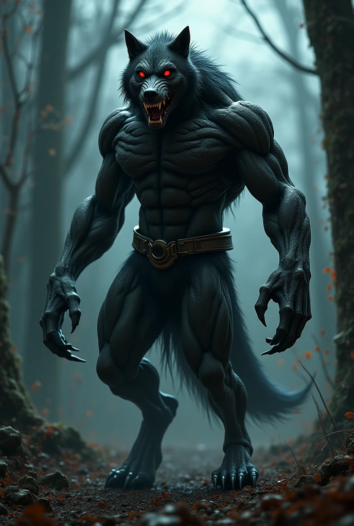 gigantic werewolf black humanoid wolf, big pecs, muscular, erection