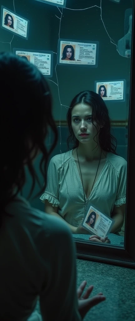 (masterpiece, best quality:1.2), (woman standing in front of a mirror:1.3), (intense gaze, self-reflection:1.3), (shadow of another person in the mirror:1.2), (woman not looking away:1.3), (dramatic lighting, high contrast:1.2), (soft reflections, subtle details:1.2), (8K, ultra-detailed, hyper-detailed, RAW photo quality, Unreal Engine rendering:1.3)