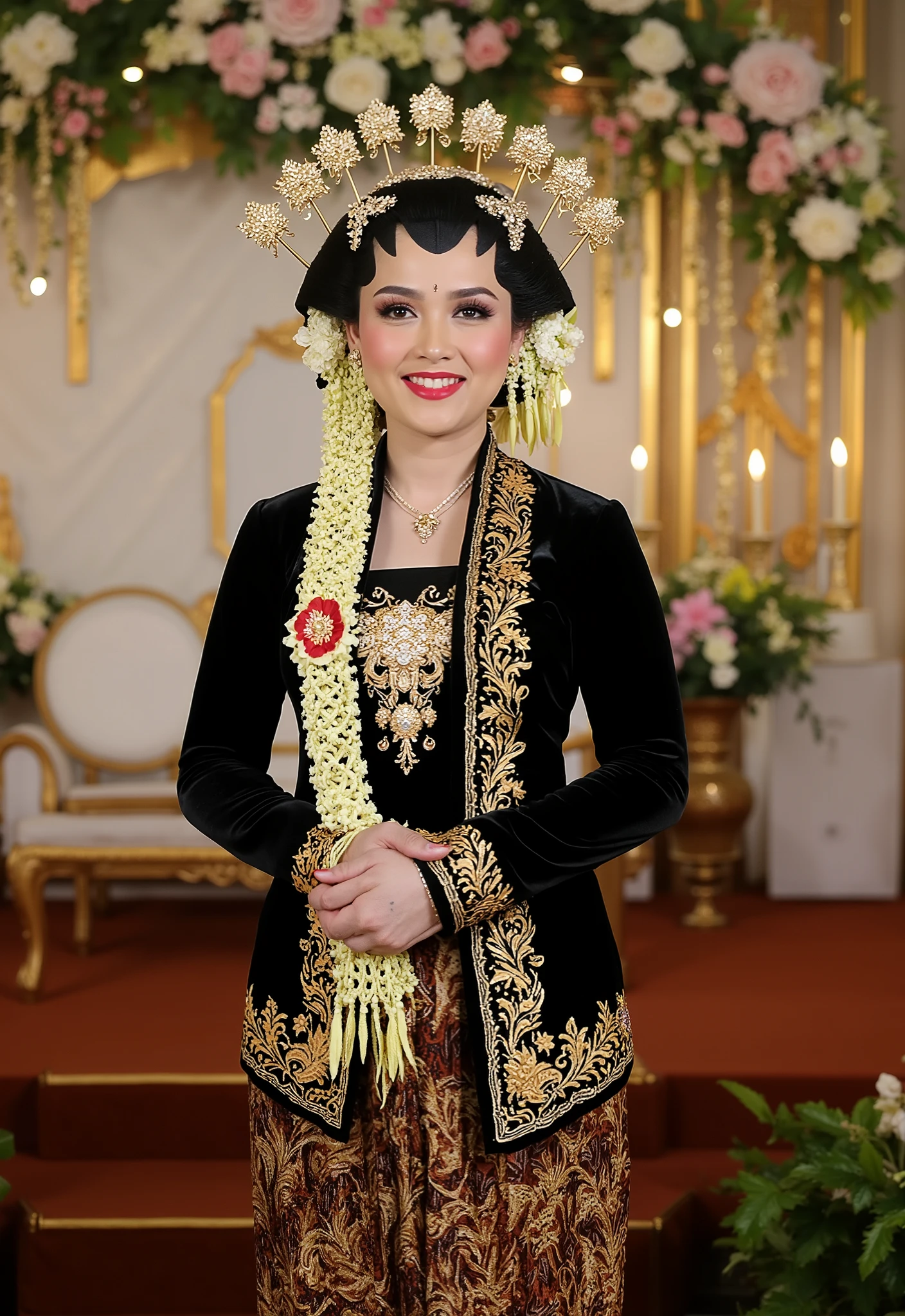 (masterpiece, best quality:1.2), 1girl, black kebaya Javanese Traditional,, with handsom man, wearing black beskap and batik sarong brown white, windblown black fabric, combined with a background of a luxurious decoration of a wedding stage with flower decorations, green leaves and small colorful lights, gracefully towards the camera with a smiling facial expression, the image shows the whole thing with the effect of expanding the camera, very detailed, a bright, bright and perfect color combination.