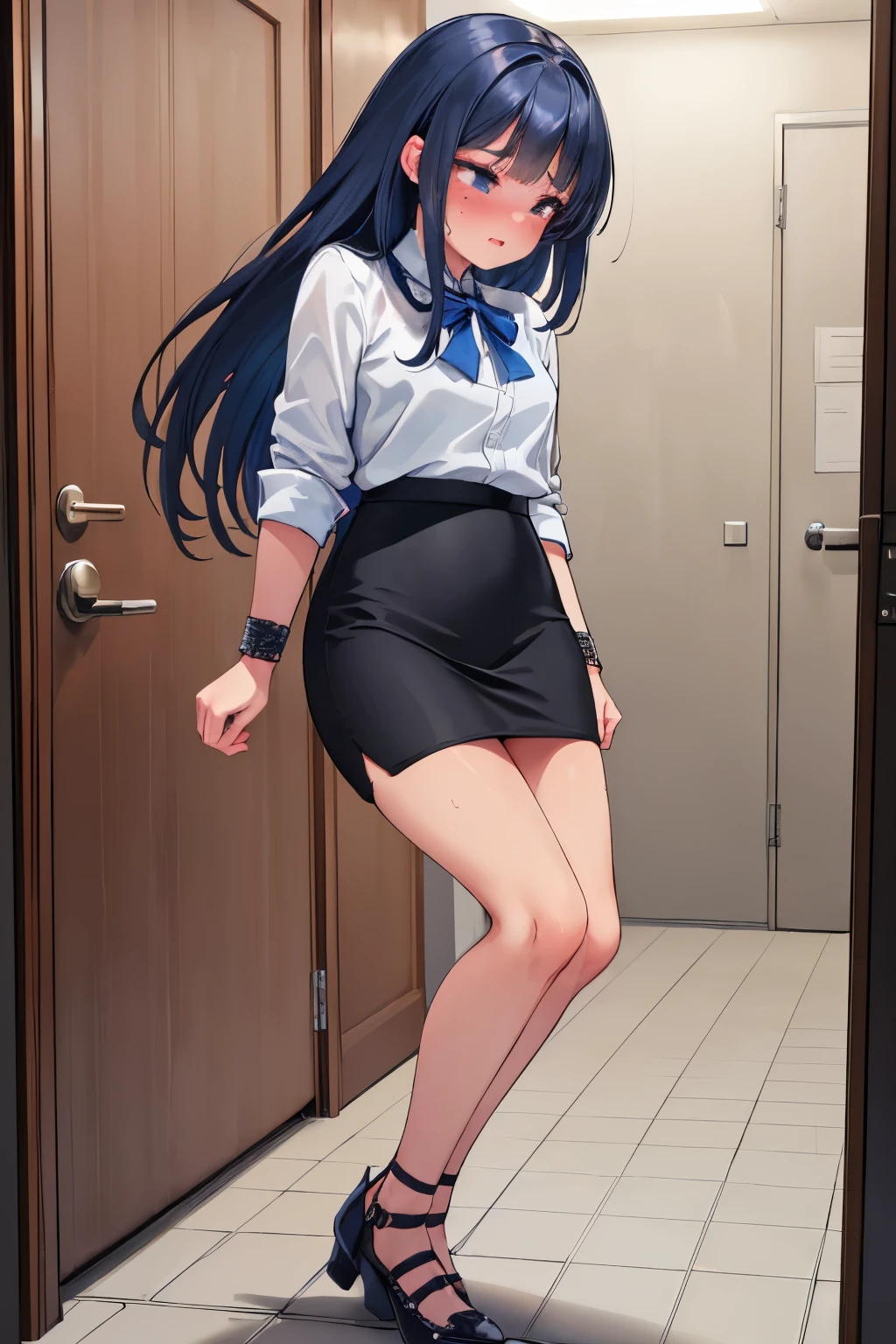 (8K, ultra-detailed, best quality, ultra-detailed face, anatomically perfect figure, extremely detailed beautiful girl:2),  natural makeup, (SIGMA 135 mm F/2.8, 1/20 sec shutter, award-winning photo), beautiful small breasts, shiny skin, (have to pee), (wearing chiffon blouse, tights, wearing heels:1.1), (Disheveled hair), (She is casually but extremely frantically tightly gripping her crotch along with her pencil skirt:1.6), (standing wiggle:1.3), (restless foot shuffling), (pee-dance leaning forward), (panting), (full face blush), embarrassment, (impatience:1.1), (flustered), breathless, (unable to hold pee anymore desperate face:1.2), (She needs to urgently pee so badly), Around town, (She is desperately waiting for her turn to use the restroom:1.1), (focus waist:1.2), side view, nsfw,