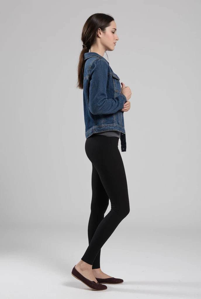thin woman in profile wearing black leggings, dark flats, and jeans jacket (realistic)