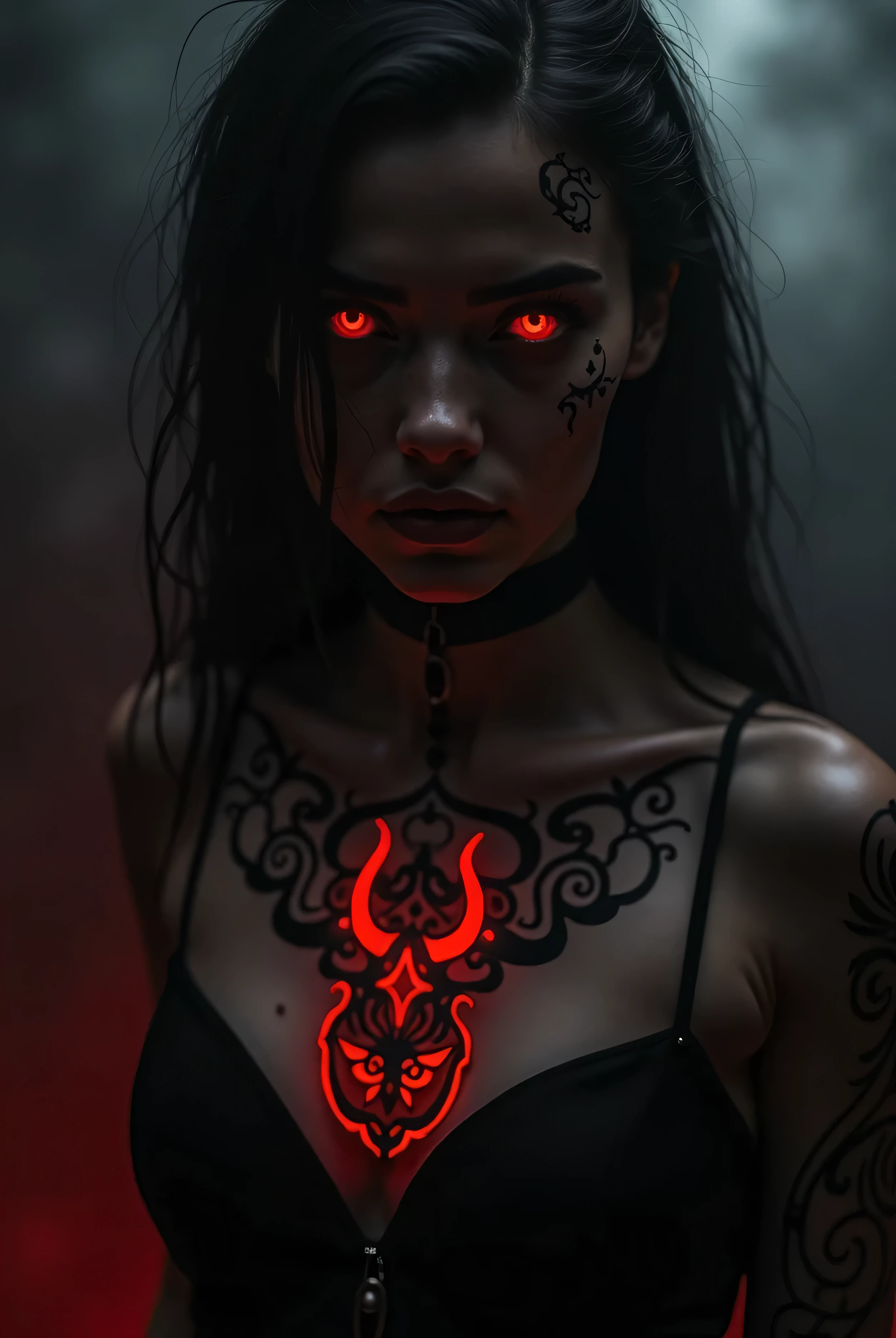 【 prompt 】
 Composition that emphasizes the overall creepy and devilish atmosphere 。 black on her skin The devil's crest mixed with red is engraved 、 composed of intricate runes and evil 々 symbols 。 has an eerie atmosphere as if she were alive 、 has an eerie atmosphere as if she were alive 。 the upper body of a young woman that rises in the dark 、 her eyes shine red like fresh blood 。There is dark fog in the background 、 shadows slowly wobble around the woman while taking a strange shape。 The coat of arms slowly moves while emitting a pale red and black light 。