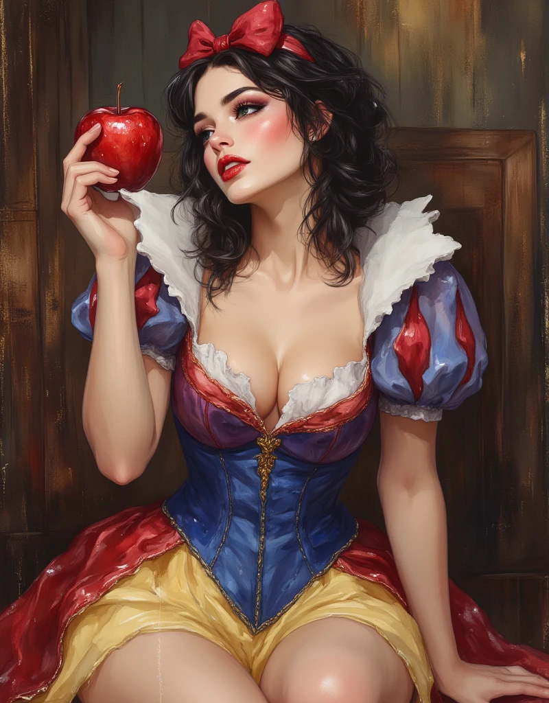 (generate princess snow white from disney holding an apple, beautifull face, pretty face, beautifull eyes, beautifull nose, raytracing, beautifull fingers, beautifull hands, (4 fingers in 1 hand), full body photoshoot, pretty makeup, perfect anatomy, good lighting, professional photoshoot, sharp eye, fresh lips