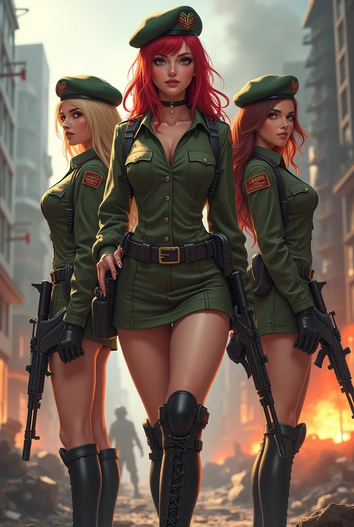 19-year-old Russian women, 2girls, lesbians, fair skin, short blonde hair, dressed in a green minidress, clubbing outfit, apocalyptic wasteland, daytime, good lighting, desert, rusted hulks, military