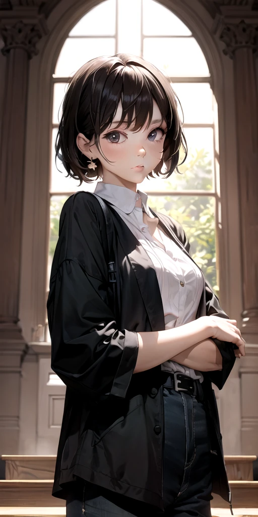 ((beautiful face))、very delicate facial、creamy、masterpiece、1 girl、14talent、small breasts、small breasts、small breasts、highest quality、ultra high resolution、(photorealistic:1.4)、whole body、、shine softly、great scene lighting、(inside the classroom)、((black off) -shoulder dress))、look at the audience、necklace