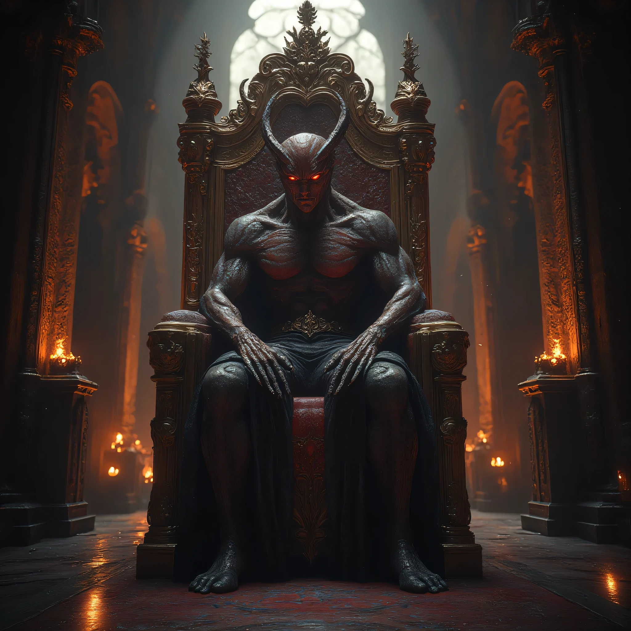 An illustration or artwork that visualizes the symbolic depiction of Satan on a throne in an ancient city, talvez envolvendo elementos sombrios ou misteriosos.