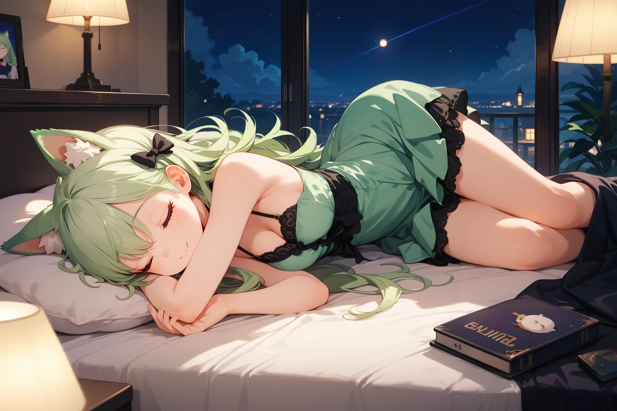 Close-up on a blonde long haired, sleeping, a faint smile playing on their lips. in bedroom, bed, night, Erina_Prodigy, By the window, Closed eyes, wearing green sleep dress