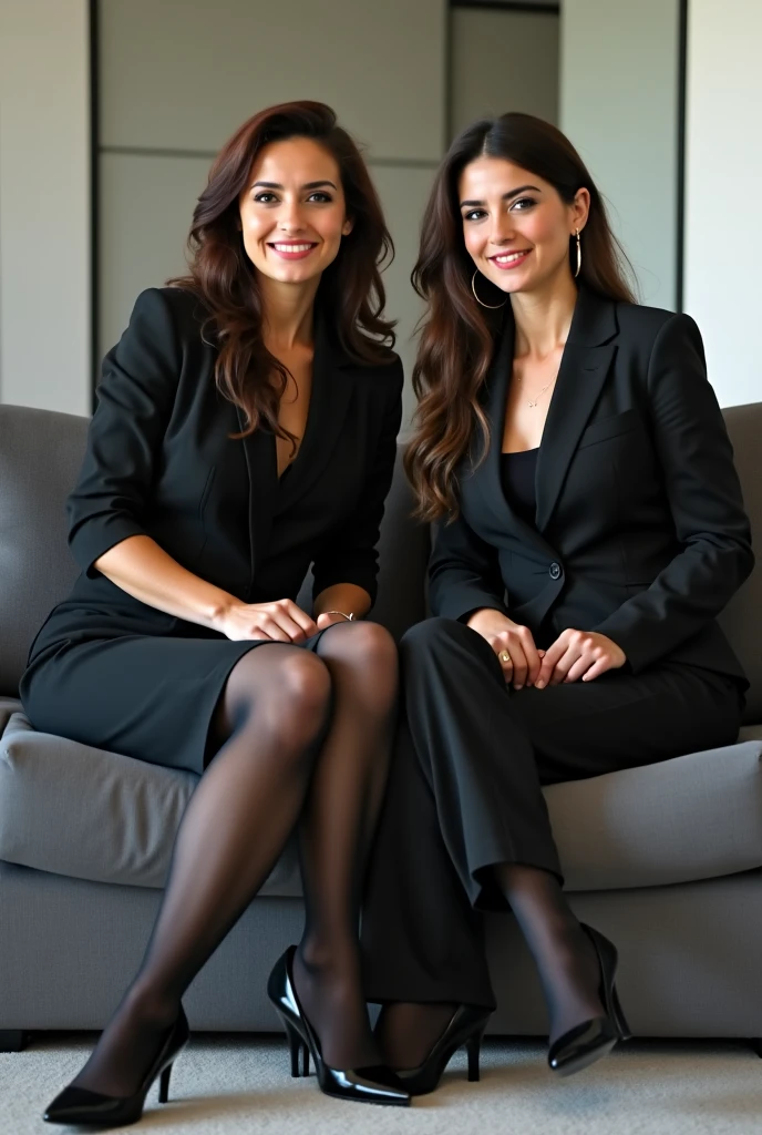 ((Best Quality, 8k, Masterpiecedetails, ultra-high resolution)), (group picture),(looking at the viewer), (full shot:), attractive business 5 milfs, 5 people, a bit chubby:0.25, seductive expression, white collared shirt, grey skirt, (sitting with cross legs on office desks)), smile, office of CEO