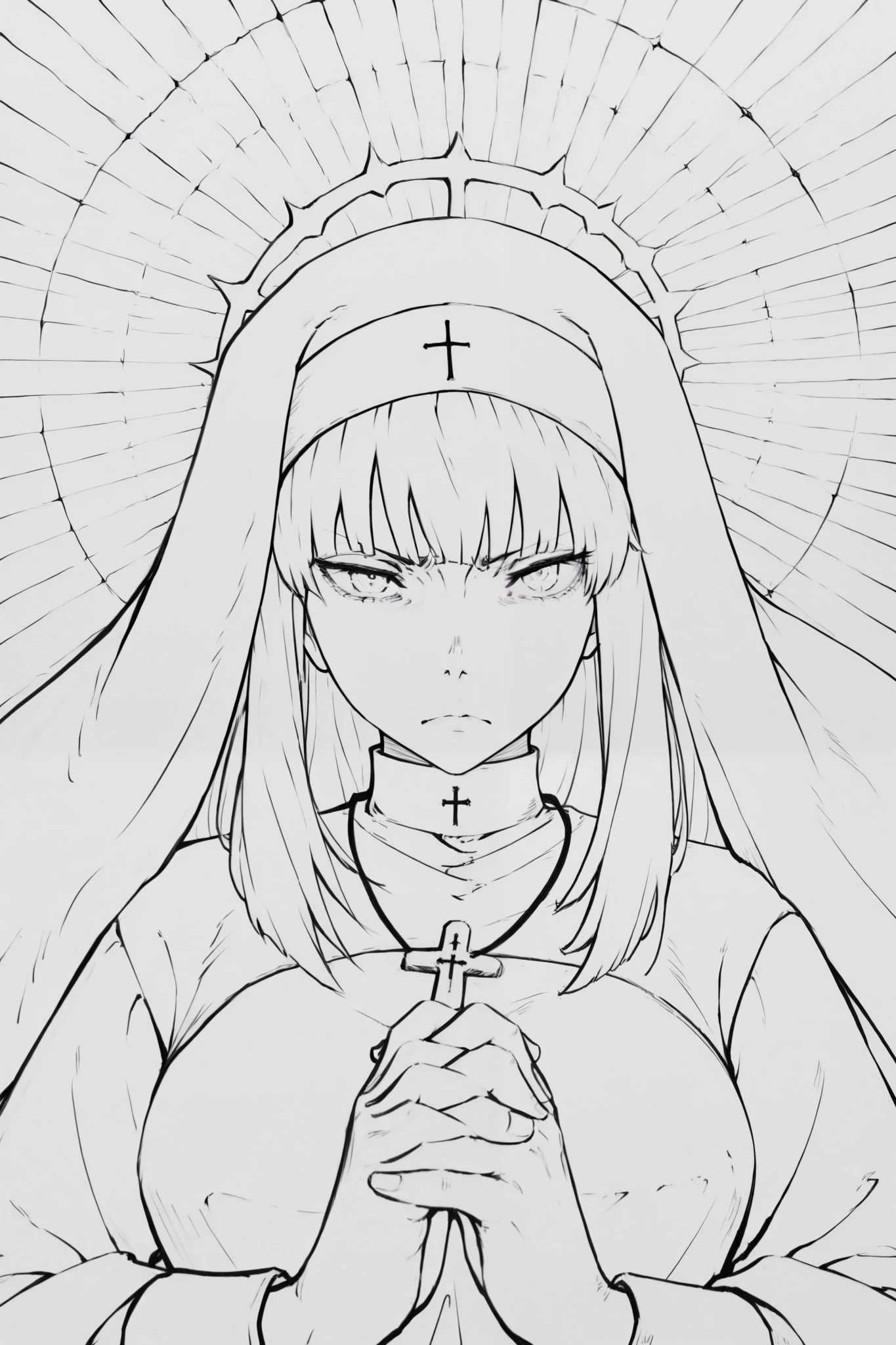 score_9, score_8_up, score_7_up, score_6_up, score_5_up, score_4_up,  
BREAK
(masterpiece: 1.0), best quality, perfect anatomy, perfect composition, perfection, 
BREAK
line art, lineart, monchrome, greyscale, masterpiece. kdm style
BREAK
(masterpiece), high quality,1girl, hime cut, hands clasped in prayer, nun outfit, nun's habit, cross necklace, cross eyes, intricate, shapely, beautiful,