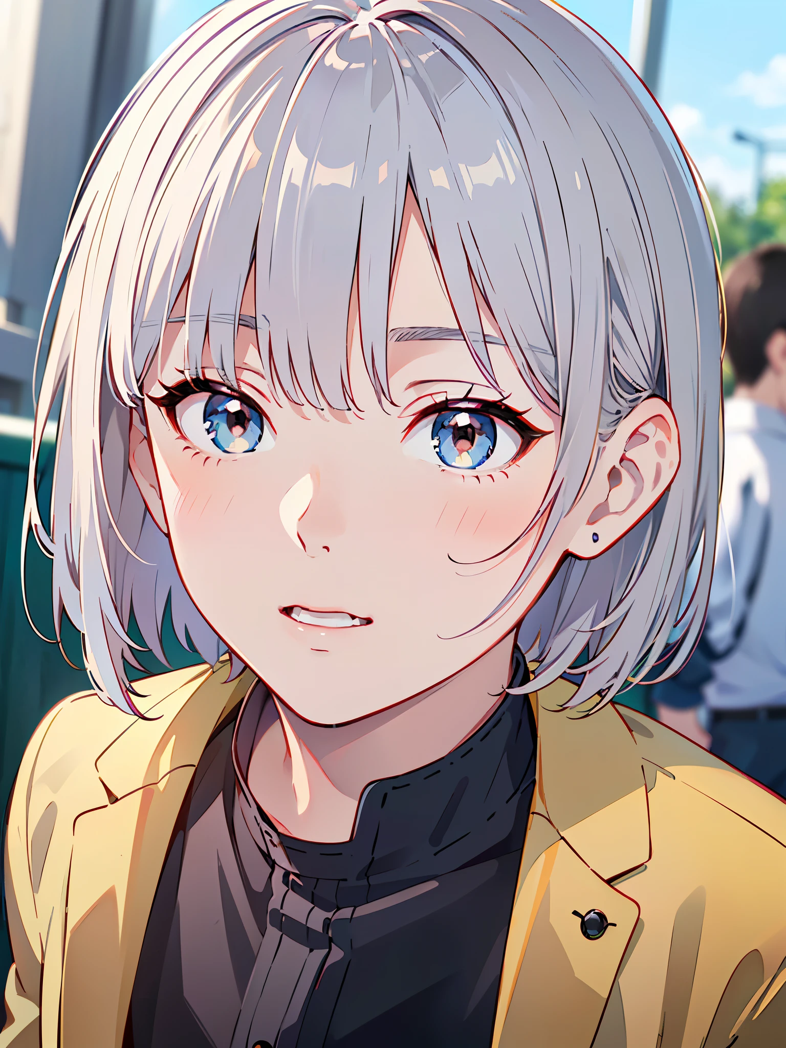 8k、 best quality 、masterpiece:1.2)、( realistic、 super detailed 、 super A high resolution、 short hair、(( Silver Hair、A young man、、))、 beautifully detailed face 、narrow、( Slim Waist ) :1.3)、Boys' school uniform、 beautiful detail skin that shows the bra line 、 skin texture、 floating hair 、 professional lighting、Hokkaido、 black-rimmed square glasses with a holy sword pattern 、 Human body、