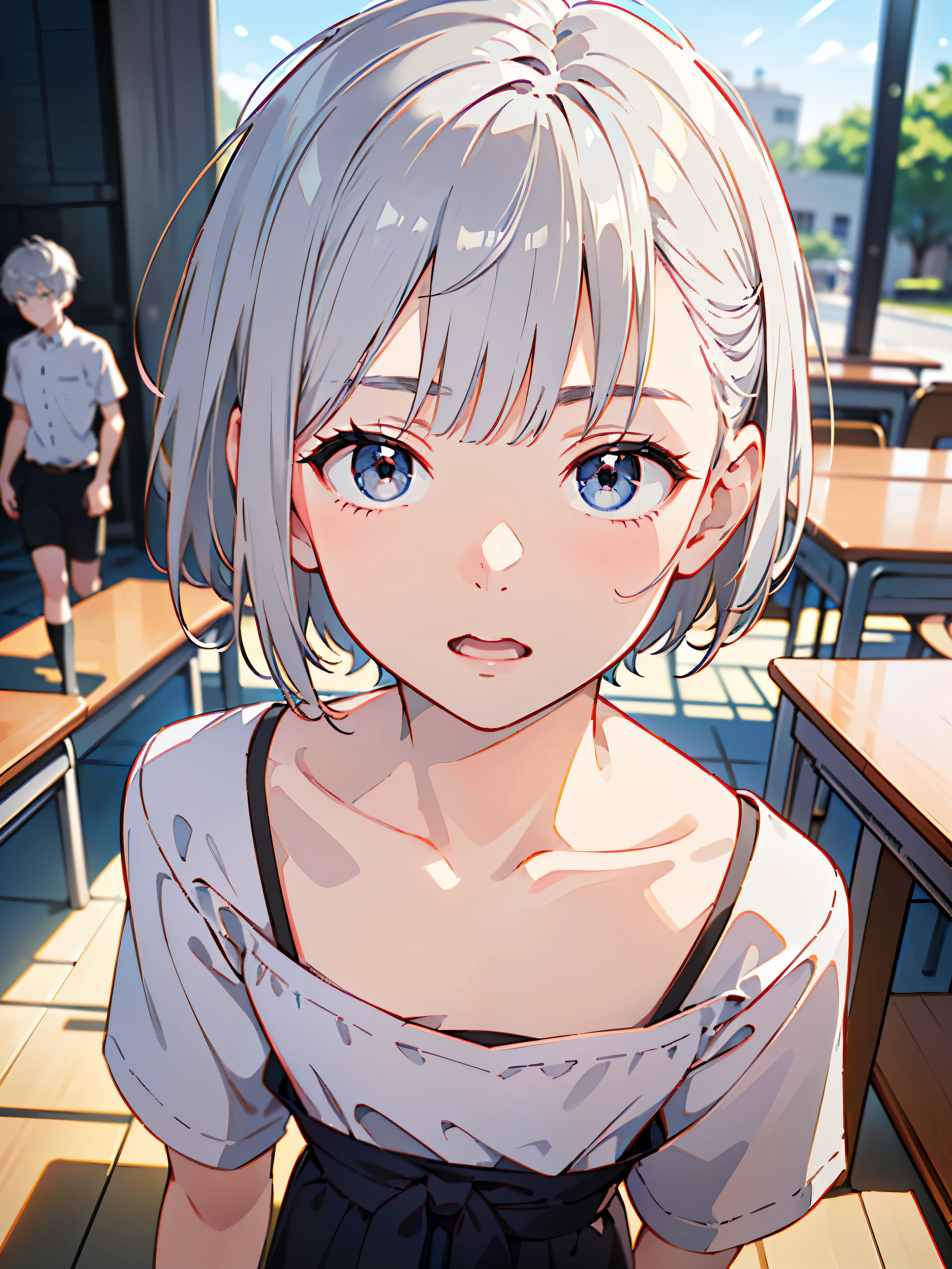 8k、 best quality 、​masterpiece:1.2)、( realistic、 super detailed 、 super A high resolution、 short hair、(( Silver Hair、A young man、、))、 beautifully detailed face 、narrow、( Slim Waist ) :1.3)、Boys&#39; school uniform、  beautiful detail skin that shows the bra line 、 skin texture、 floating hair、 professional lights 、Hokkaido、black rimmed square glasses、 Human body、