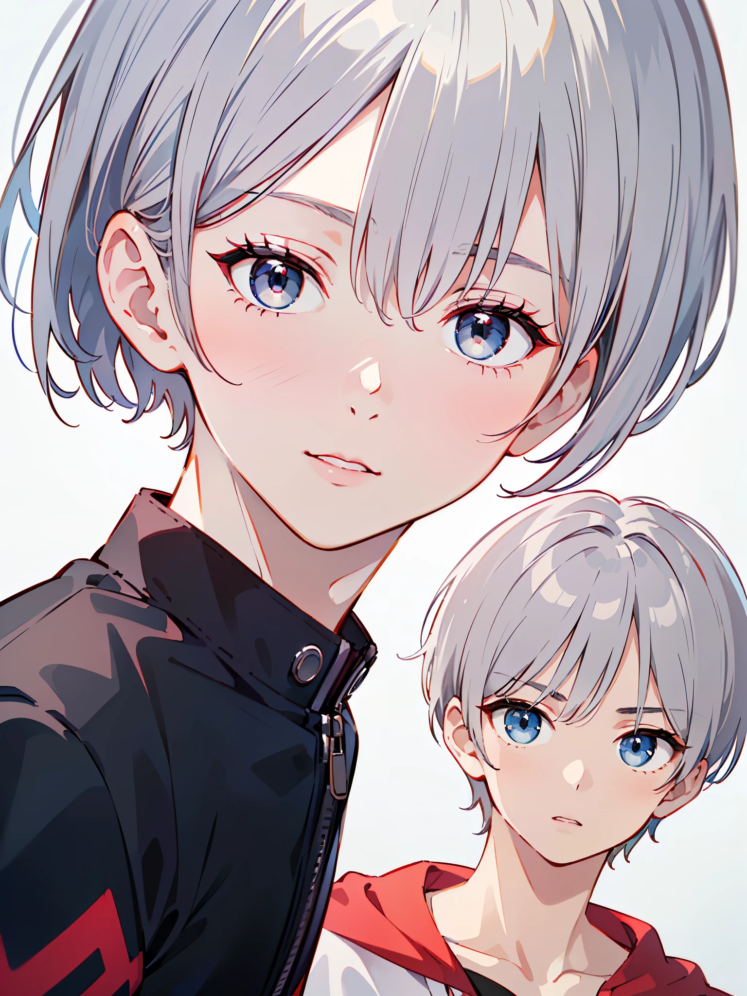 8k、 best quality 、​masterpiece:1.2)、( realistic、 super detailed 、 super A high resolution、 short hair、(( Silver Hair、A young man、、))、 beautifully detailed face 、narrow、( Slim Waist ) :1.3)、Boys&#39; school uniform、  beautiful detail skin that shows the bra line 、 skin texture、 floating hair 、 professional lighting、Hokkaido、 black-rimmed square glasses with a holy sword pattern 、 Human body、