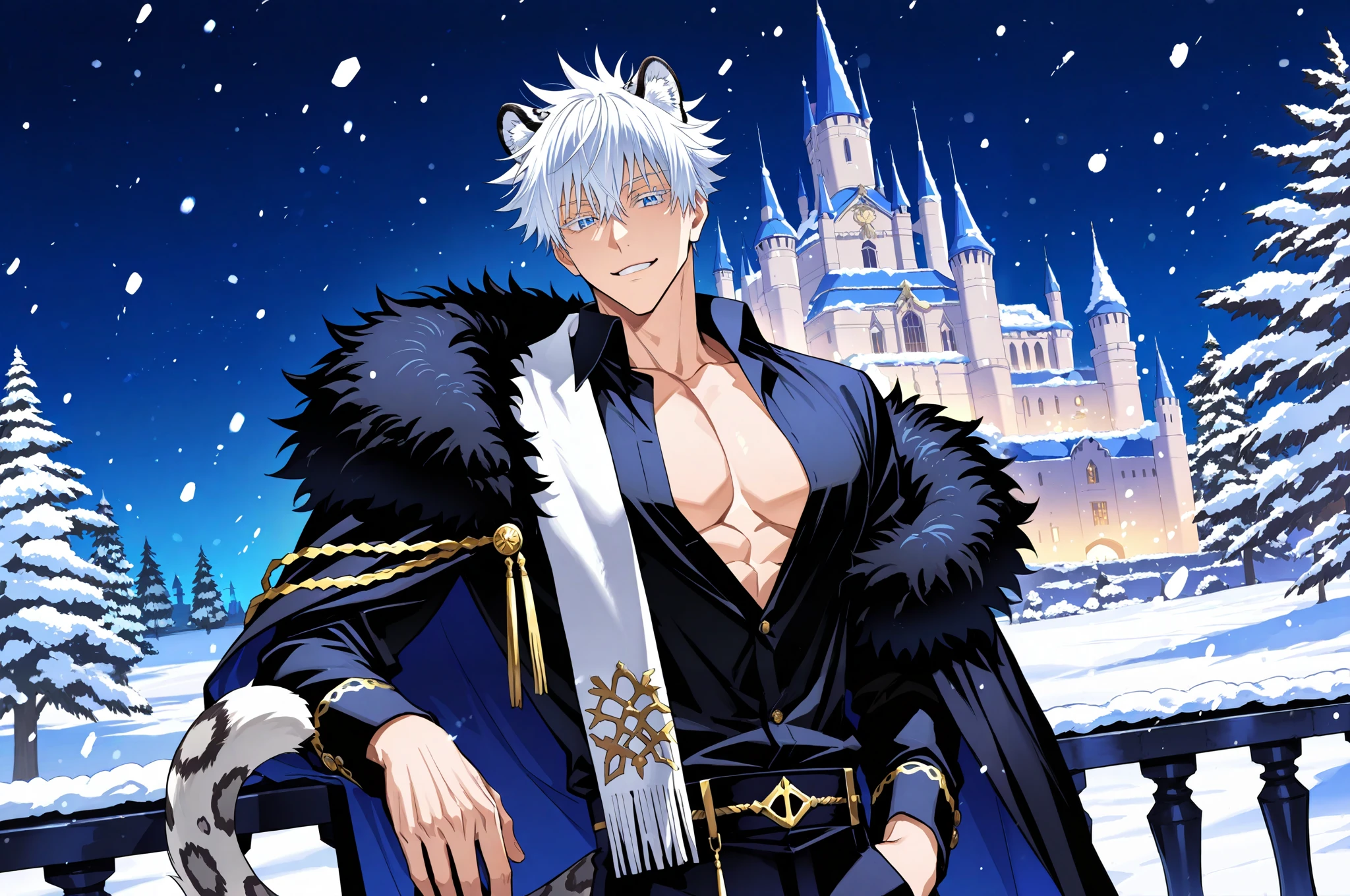 (masterpiece, best quality), (absurdres, highres, 8k), (detailed beautiful face and eyes), (detailed illustration), (super fine illustration), 1boy, snow leopard boy, animal ears, tail, smile, Gojo Satoru, Jujutsu Kaisen, blue eyes, white eyelashes, white hair, (((hair ears))), black elegant fantasy clothes, unbuttoned white shirt, fantasy style, high fashion, handsome, attractive, sexy man, sensual, solo, standing, night, castle, royal garden, snow, chilly, professional lighting