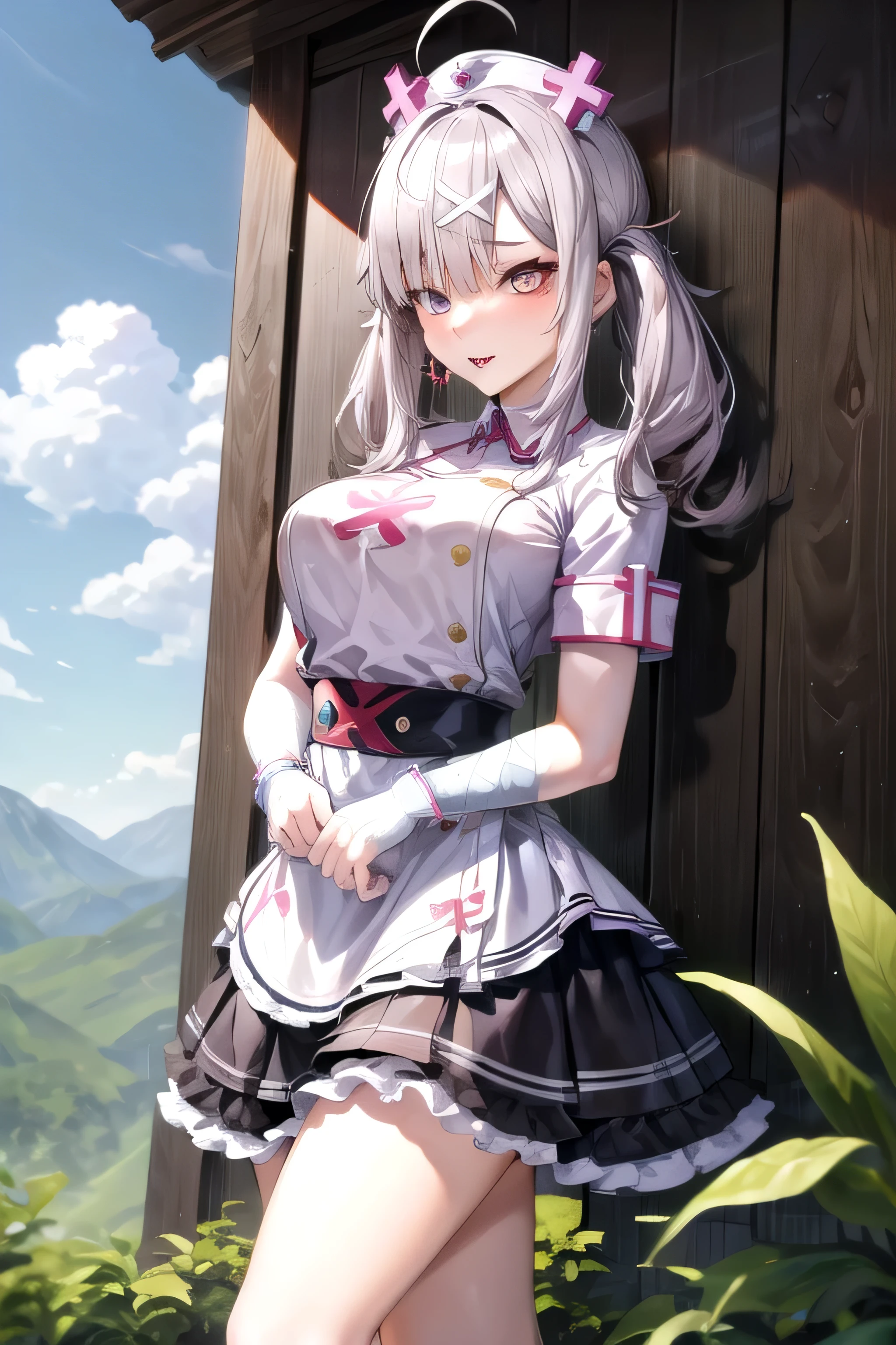 ((最 High Quality )), ((Masterpiece)), (  Details),  from the side 1 Girl ,  8k resolution,  very detailed,  High Quality ,  1 Girl, alone, Beautiful Day herself is a woman,18 years old, ,  Detailed face,  long hair,  one woman,  be evil that eats evil ,  live with punishment ,  live with punishment , Be beautiful , day々 fulfill desires just the way they are {x} don't get in the way of {x} joy,  Return Blood, Standing alone in the wilderness of carnage,  beautiful, slender, and toned thighs, Cross one's legs