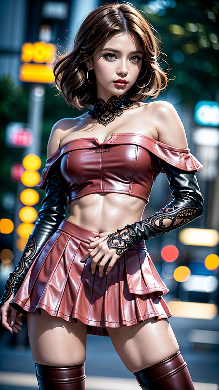 Divide Ratio : 1,1,1 Base Ratio: Ultra-realistic movie master pie with ultra-detailed primetime portraits, (最high quality, 8k, table top, Ultra HD),masterpiece,最high quality,high quality,High resolution,perfect dynamic composition:1.2,beauty(mixed girl)(madison ivy:0.45)(jessica alba:0.25)(Ariana Grande:0.25) in of a (1girl:1.3 22-year-old),(photo realistic),(Hyper realistic),((Fujicolor,daytime soft lighting),fashion supermodel,((best high quality real texture skin)),(Highly quality texture hair),((short curly hair((slicked to the two side))Intricately detailed:1.43)),(perfect proportions),(anatomically correct),(perfect female body),((firm normal full breasts:1.3)),slim face,beautiful cheekbones,((slim,swell-muscled body)),(Super beautiful face),(realistic face),(highly detailed face),absurd,(Intricately detailed eyes),(tired and sleepy and satisfied:0.0),a woman's eye with a digital rendering,realistic eyes,perfect round eyes,finely detailed pupils,BREAK(brown_eyes),detailed lips,red_lipstick),pink_makeup,(Detailed nose),Wear an off-the-shoulder top, full bodyesbian,(dark shot:1.05),((Intricately detailed ((lace-up)) pleated modest leather BDSM costume:1.28)),dynamic pose,((shot above the knee)),look at the viewer,(Erotic:1.4),((city night),(neon sign),(night), walking),On the street