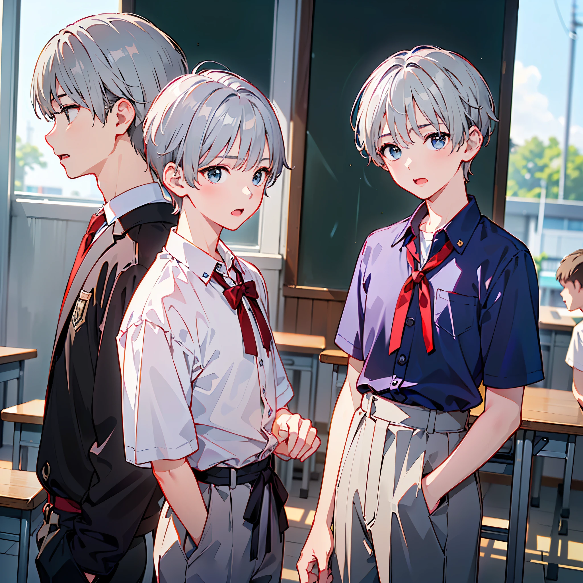 8k、 best quality 、masterpiece:1.2)、( realistic、 super detailed 、 super A high resolution、 short hair、(( Silver Hair、One boy、 boy、、))、 beautifully detailed face 、narrow、( Slim Waist ) :1.3)、Boys' school uniform、 beautiful detail skin that shows the bra line 、 skin texture、 floating hair 、 professional lighting、Hokkaido、 black-rimmed square glasses with a holy sword pattern 、 Human body、winter、School、