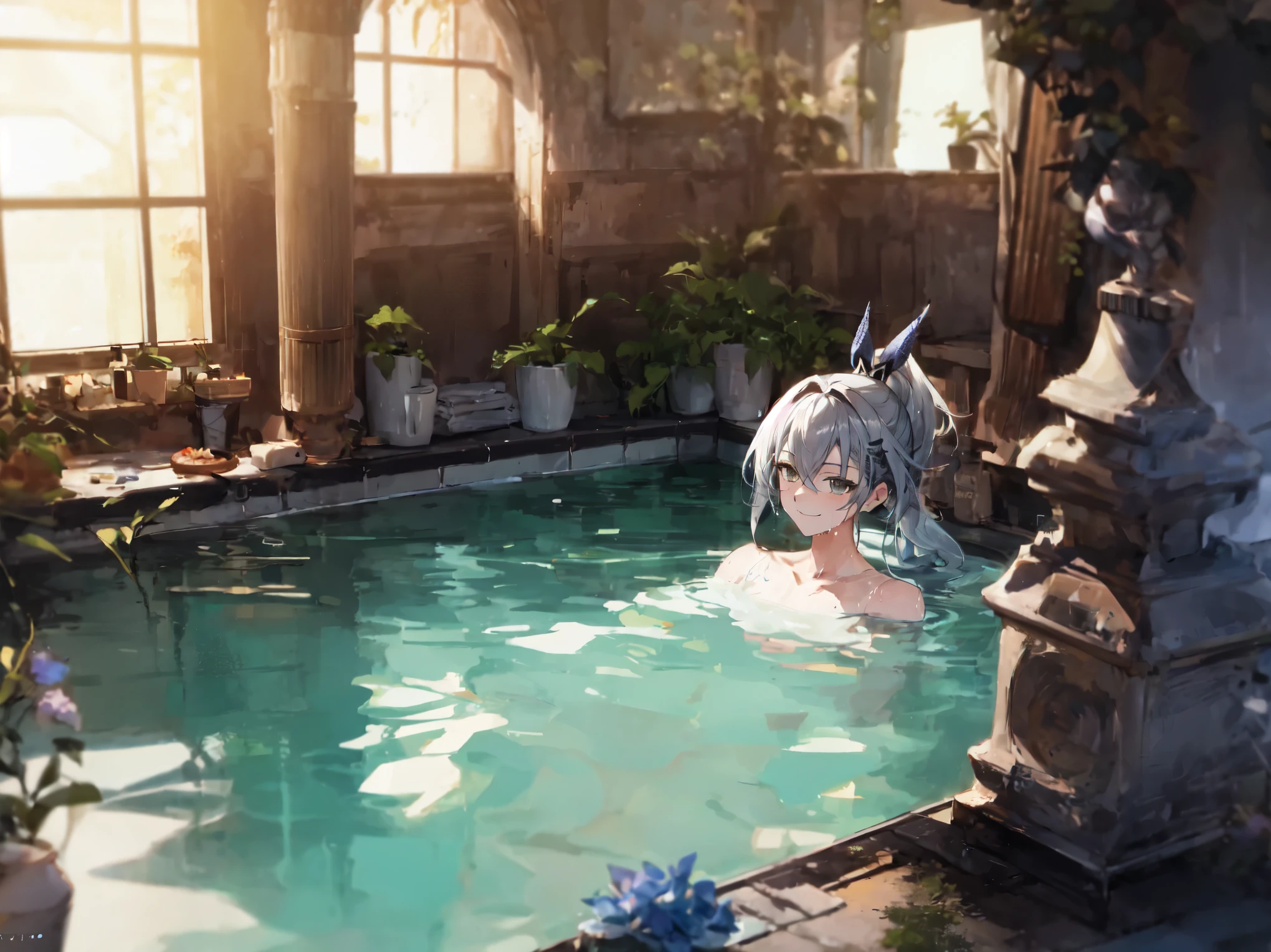 (fcPortrait:0.58), masterpiece, photorealistic, best quality, (detailed anime, video game art, extremely detailed CG unity 8k wallpaper), (best quality), (best illustration), (best shadow), absurdres, realistic lighting, (Abyss), solo, person, (wide shot:0.98), SilverWolfV5, ponytail, glistening body, fanbath, taking a bath, bathing, wet, clothes on, looking at viewer, laying down, wet clothes, wet hair, smirk, smile, silver wolf