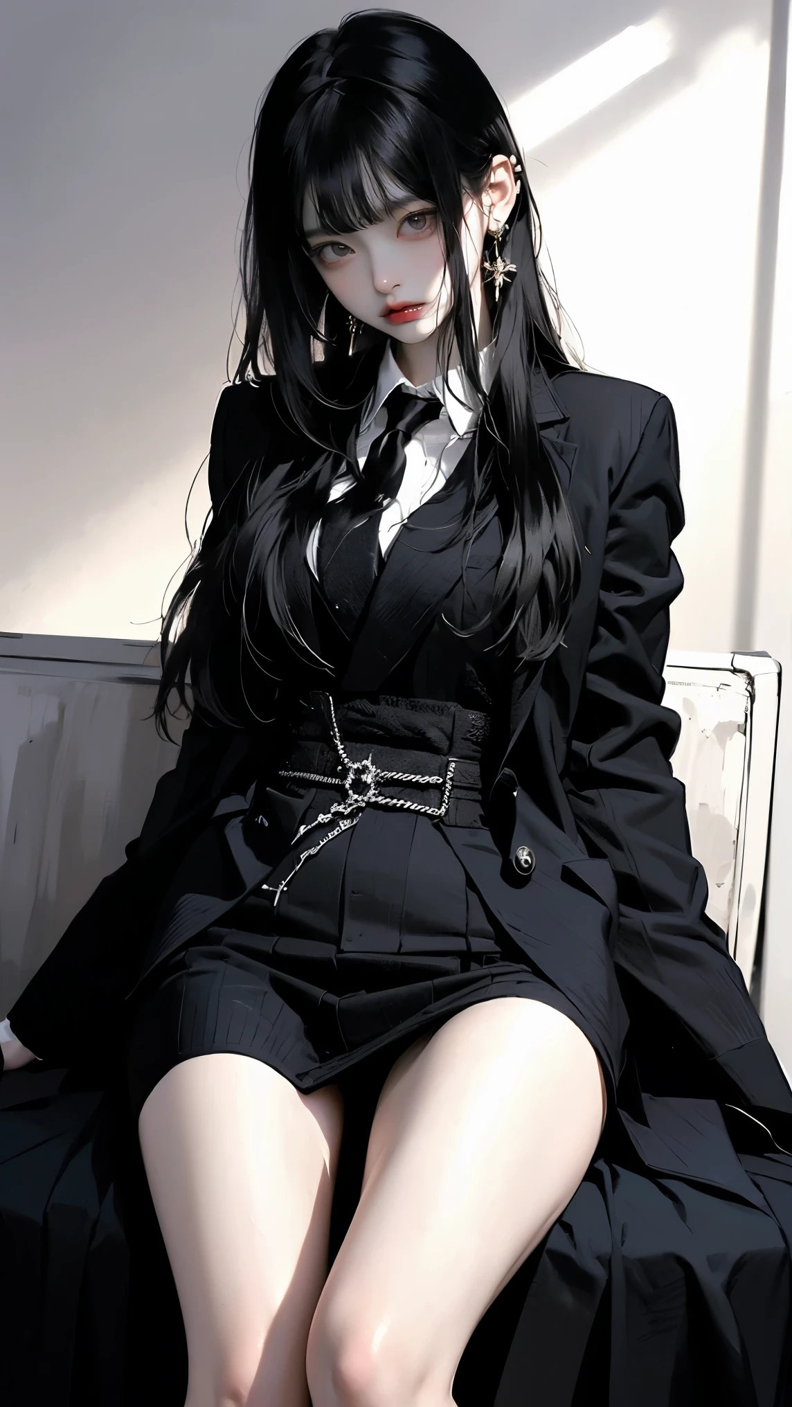 (8k、 RAW photos 、 best quality 、 Masterpiece :1.2)、( realistic、 realistic)、 1 girl、(( black coat 、 dress、 black miniskirt standing in the diner、 boots、 DOA Kasumi Blue Ikuno Kimono 、 big breasted、whole body、 Front Map 、 staring at the camera、 raises her legs high, cross legs, holds the knee , from the front , sitting 、What is NSFW))