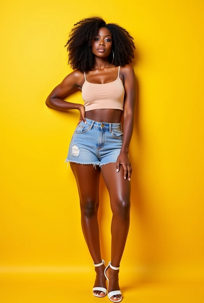 A black woman with perfect body and perfect long legs wearing a jeans short shorts and a top less and a black havaianas slippers, with a short dreadlock haircut, on a sexy and hot pose, perfect legs, sexy, hot, perfect ass long legs body and tits, open legs pose, skinny