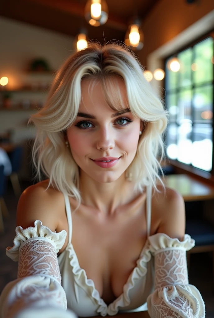 Create a photorealistic, 4K image of a female in a cozy cafe. She is 18, platinum blonde and has intense blue eyes. She is dressed in a light summer dress and stylish boots. Her appearance looks a lot like a Nordic Emilia Clarke. She always has a wicked smile, like she has something naughty on her mind. The framing should be selfie style, near full body, looking 45 degrees from camera.