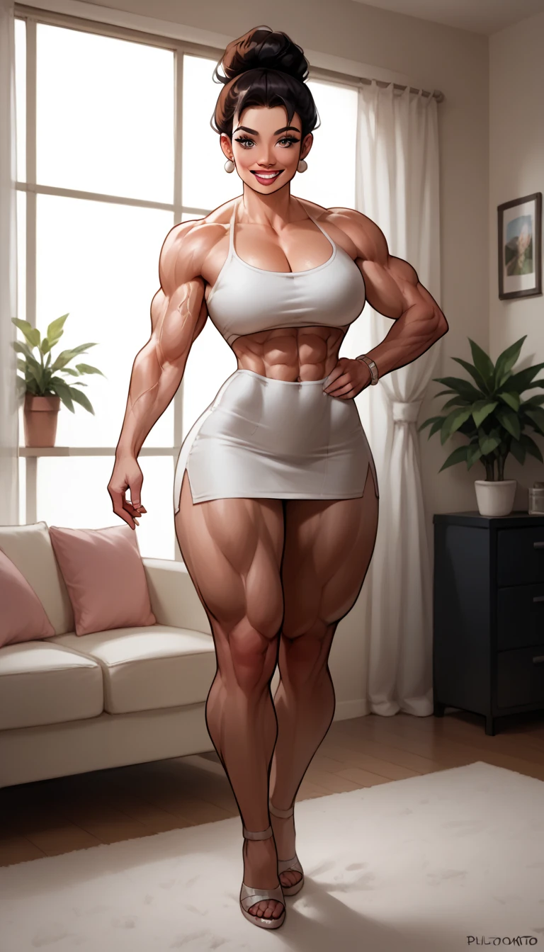 Miranda Lawson, ((full body view:1.4)) Masterpiece, ((Thepit Style:1.4)), Drawing of a barbarian woman, (pale skin:1.5), (long dark hair:1.4), muscled body, Feminine, Huge upper body, wide shoulders, veins, beatiful face, full lips, slim face, high cheekbones, muscular, in the art style of mohrbacher, In the style of Peter Morbacher, (Masterpiece: 2), (Very detailed: 2), (Beautiful: 2), light grin,