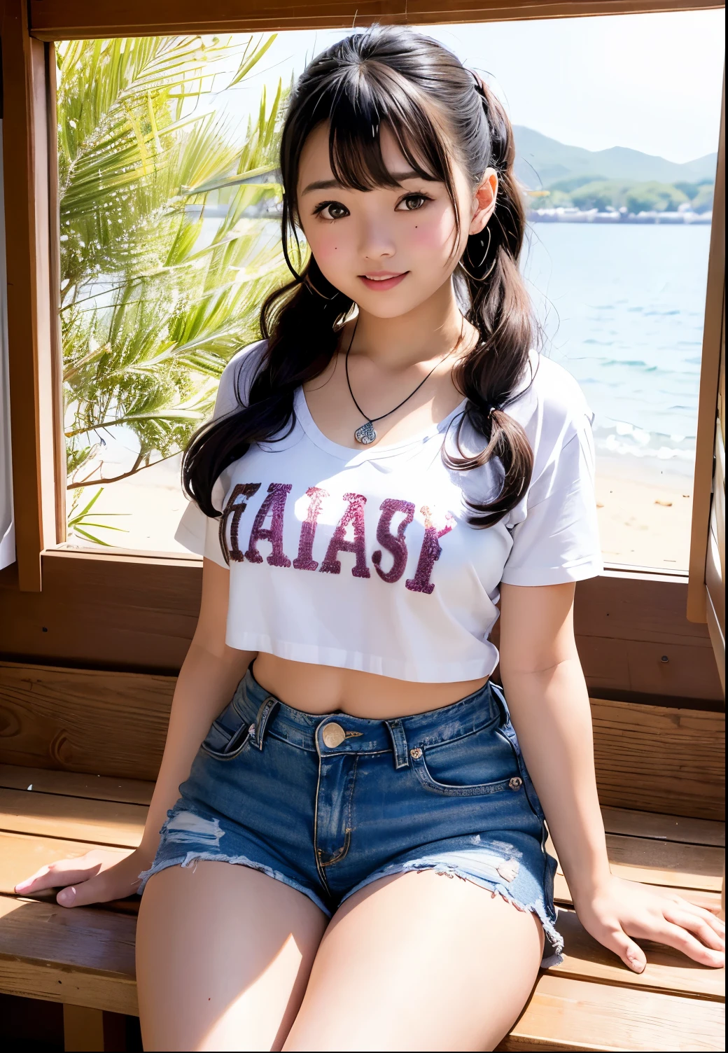 ( best quality ,masterpiece:1.3, ultra high definition),( very detailed 、 caustics ) ( realistic:1.4, RAW shooting、)Ultra- realistic Capture、 very detailed 、 natural skin texture 、masterpiece、(Japanese wearing alphabet-patterned sequin t-shirts and short jeans:1.3)、 adorable expression when visiting a shrine、Expression of happiness、、: 、baby face、pure、 amazingly n Tail Hairstyle 、Curly Hair、scrunchie 、 necklace、 black hair、 big breasts、Shining thighs、 with a visible navel 、Midsummer Sunshine、Photo taken on a beach in Okinawa 、smile、 invite a gaze、( anatomically correct)、 Kubby、 Attention to Details、Bring your chest closer to emphasize it、
