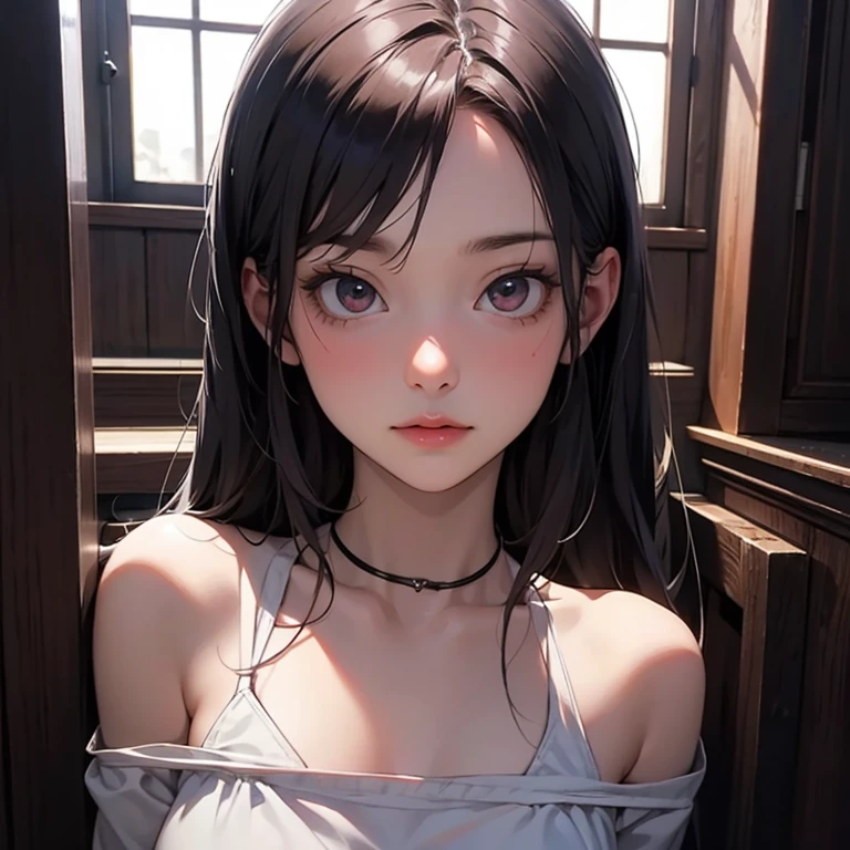 Long dark bluish hair with long bangs completely covering one side of the face and ears, yellow eyes with a black dot in the middle, large fleshy lips, large forehead, thin eyebrows, big nose, light eyes with tired look, ninja Naruto art style, hair tied by two sticks, round chin, wide pointed nose, sad look.