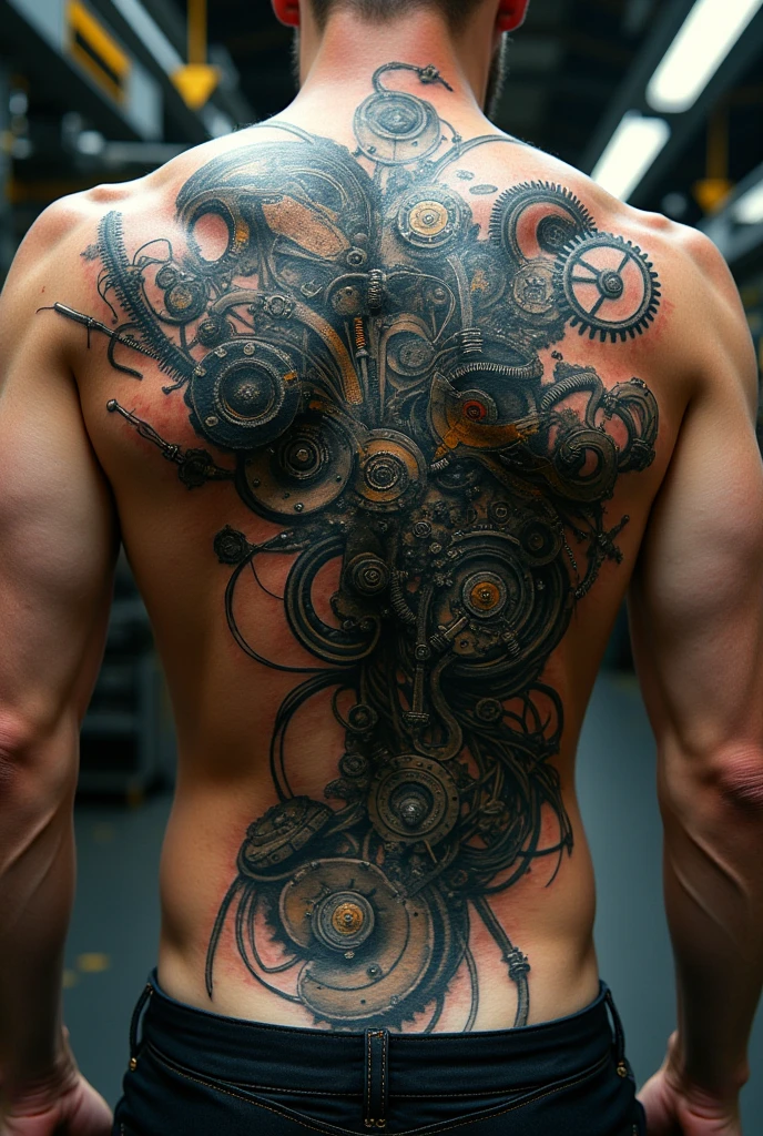 tattoo design, a steampunk, bio mechanic, with steam, pipes and cogweels. on a Back from a man