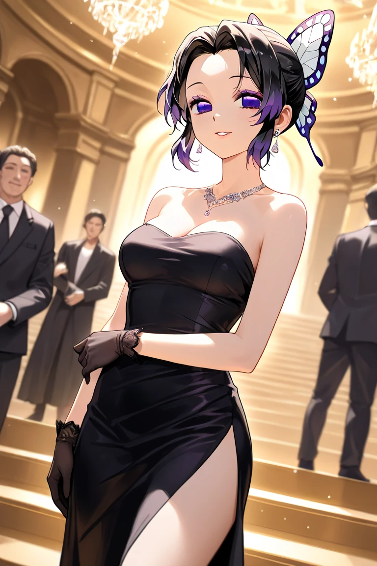 ((Highest quality)), ((masterpiece)), (detailed), (Perfect Face)、The woman is Reika Aoki, the wife of a mafia boss, with medium-long black hair and an engagement ring.、The woman is being escorted by a mafia boss at a posh party venue.