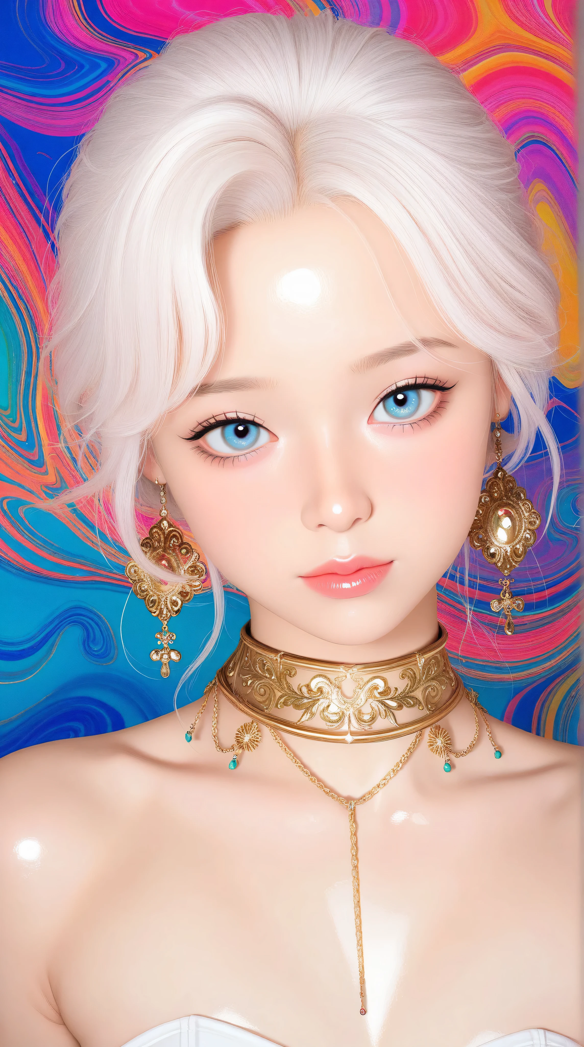 Young korean girl,Highly detailed, Amazing work,Vitreous luster,((clean backdrop)),In gold,(((pink))),blues,Best quality at best, shiny skin, ((best quality)), ((masterpiece)), (detailed), perfect anime, young korean bunnygirl, portrait, luxury, surreal, fantasy, sci-fi, french retro, extravagant, ornate, royal clothing, regal, aristocrat, colorful background,