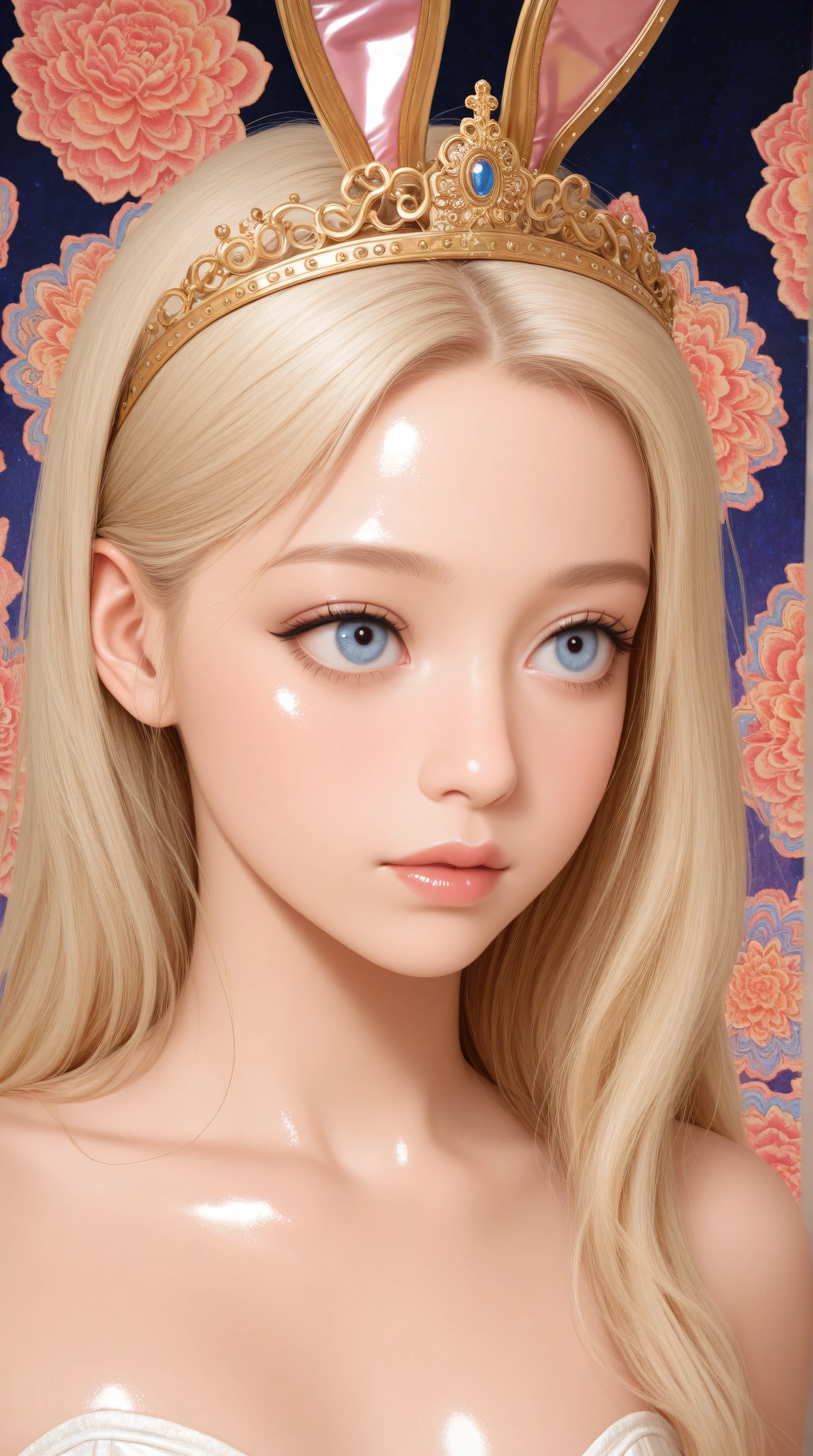 Young korean girl,Highly detailed, Amazing work,Vitreous luster,((clean backdrop)),In gold,(((pink))),blues,Best quality at best, shiny skin, ((best quality)), ((masterpiece)), (detailed), perfect anime, young korean bunnygirl, portrait, luxury, surreal, fantasy, sci-fi, french retro, extravagant, ornate, royal clothing, regal, aristocrat, colorful background,