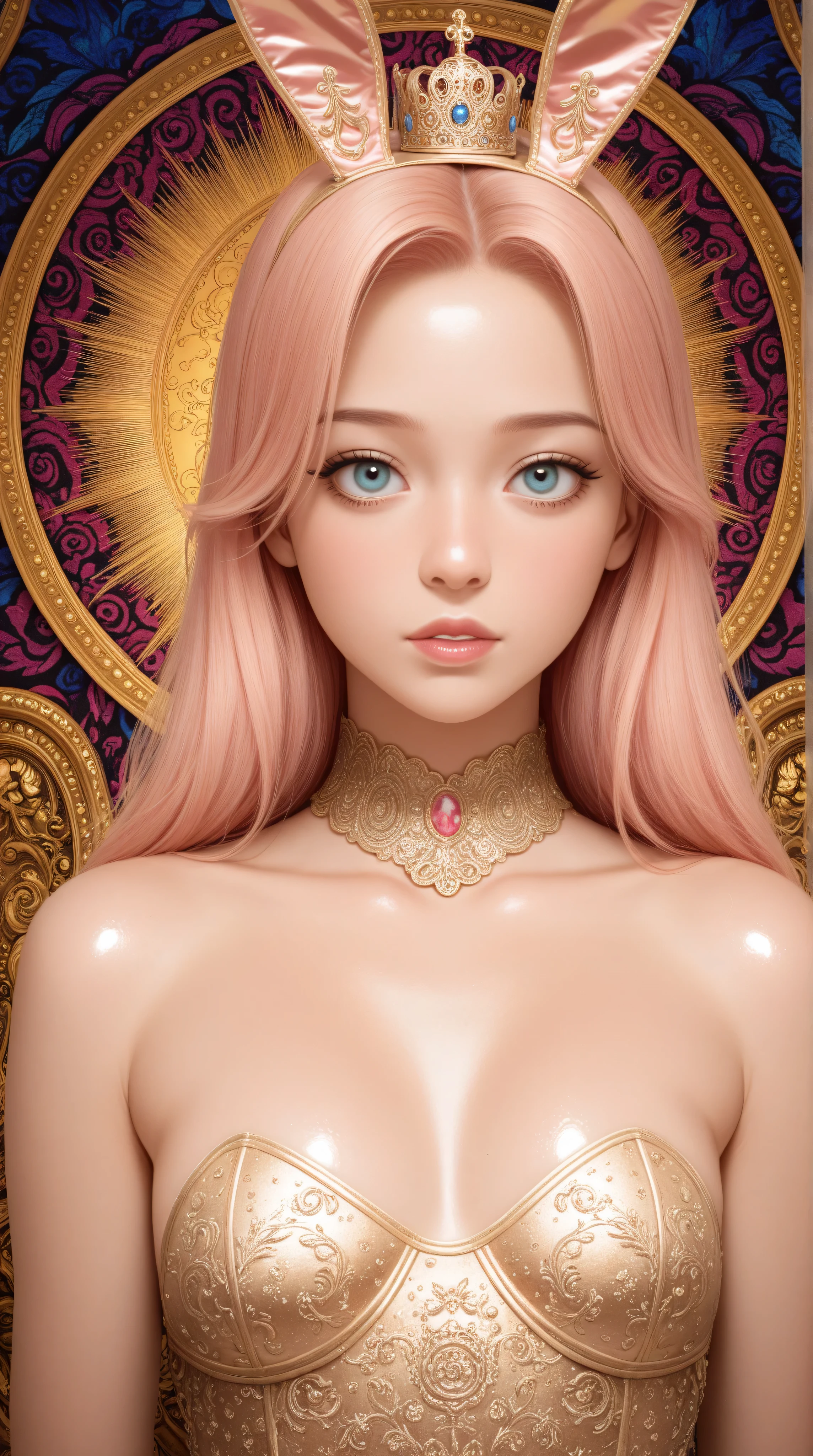 (((8k RAW photo, hyper realistic, masterpiece, best quality, crisp detail, high definition, high detail, very rich detail, sharp focus, sharp detail, colorful, rich color, cinematic, perfect studio lighting, full body photograph, mystic atmosphere))), (((fully naked) young colorful love goddess, (fully nude), (adorable beautiful baby face, evil round face, smooth straight long hair goddess, shinning rainbow haired goddess, rainbow eyed goddess, medium breast), (spreading legs on the throne), smooth body, ideal body, evil smile)), ( (showing ((pussy, vagina, genital, nipples)))), ((poisonous roses with liquid poison,flower garden, heaven)),