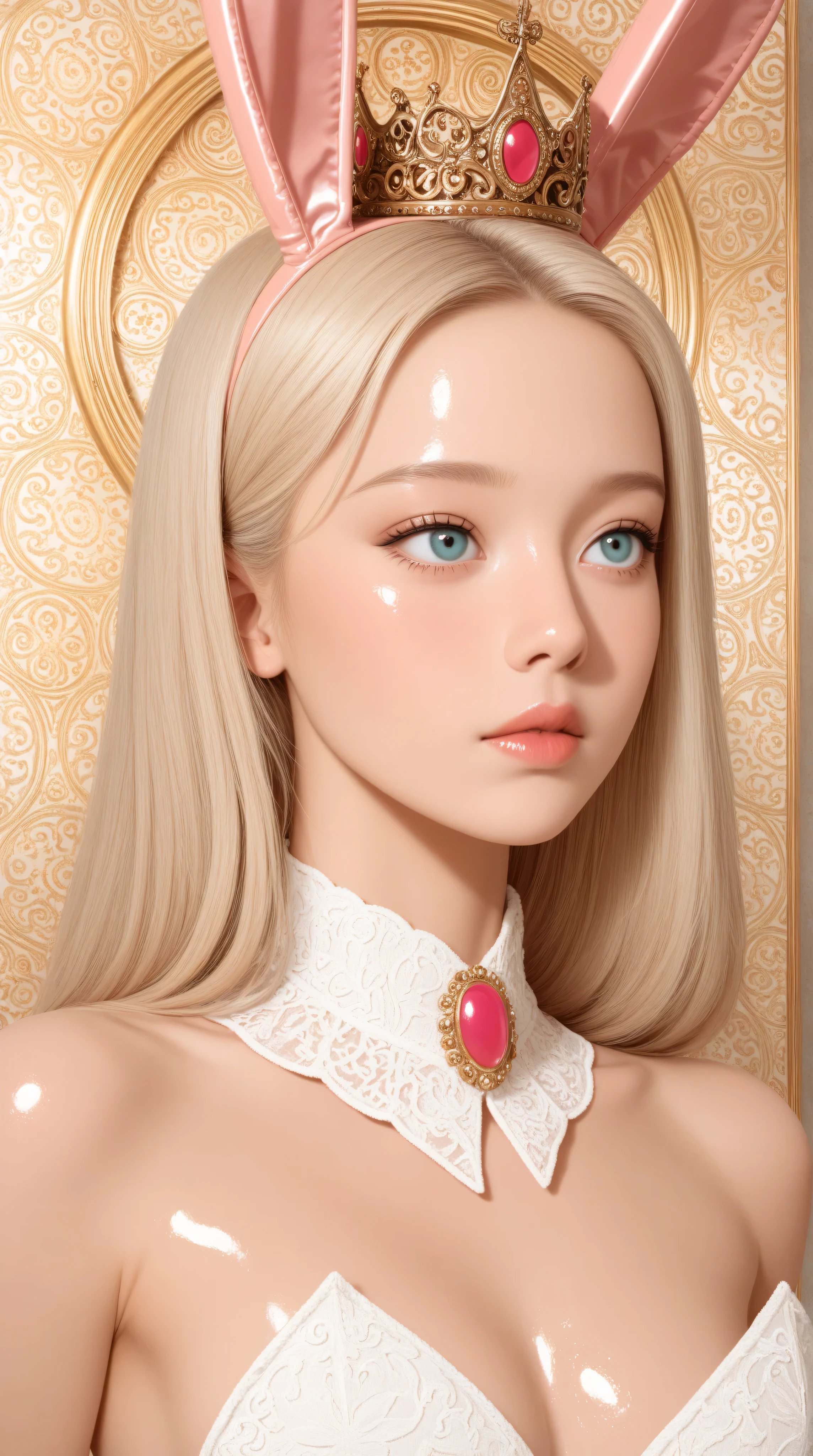 Young korean girl，Highly detailed, Amazing work，Vitreous luster,((clean backdrop))，In gold，(((pink)))，blues，Best quality at best, shiny skin, ((best quality)), ((masterpiece)), (detailed), perfect anime, young korean bunnygirl, portrait, luxury, surreal, fantasy, sci-fi, french retro, extravagant, ornate, royal clothing, regal, aristocrat, colorful background, 