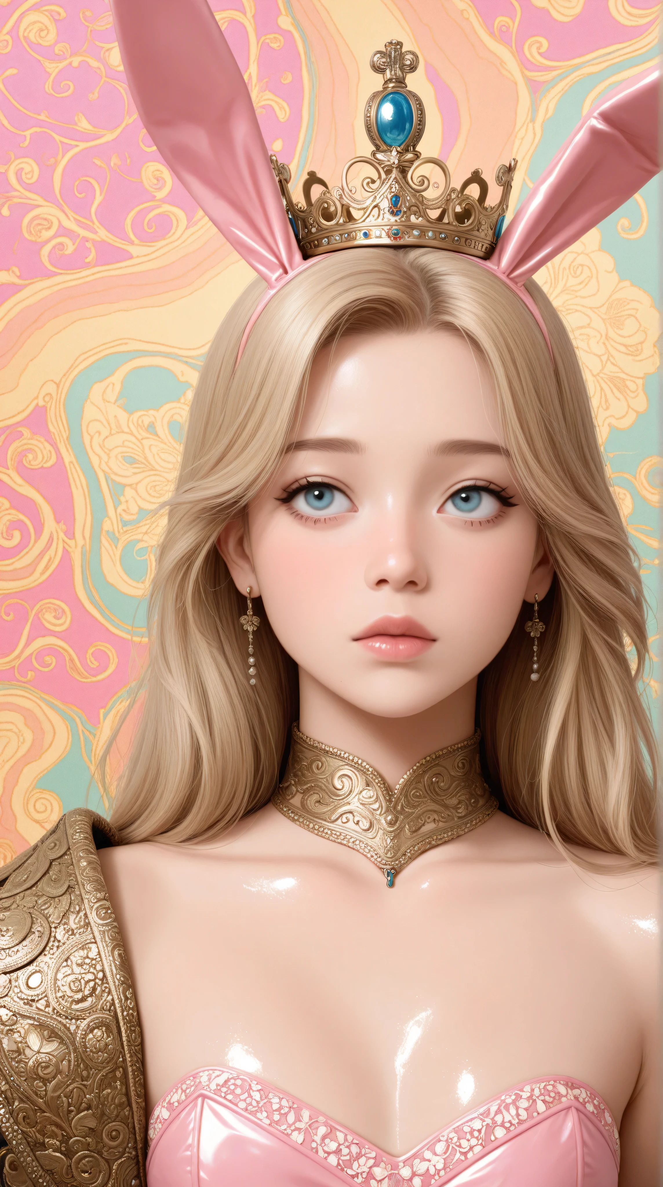 Young korean girl，Highly detailed, Amazing work，Vitreous luster,((clean backdrop))，In gold，(((pink)))，blues，Best quality at best, shiny skin, ((best quality)), ((masterpiece)), (detailed), perfect anime, young korean bunnygirl, portrait, luxury, surreal, fantasy, sci-fi, french retro, extravagant, ornate, royal clothing, regal, aristocrat, colorful background, 
