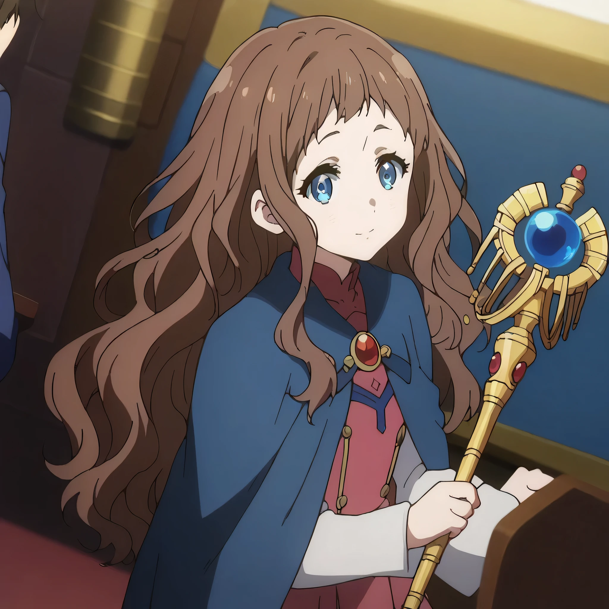 score_9, score_8_up, score_7_up, source_anime,
arche, ai shindou, long hair, blue eyes, brown hair, wavy hair,
skirt, priestress dress, prietress outfits, blue cape, magic blessed scepter, pleated skirt ,
indoors, bent over, smile,
looking at viewer, cowboy shot, dutch angle, solo,