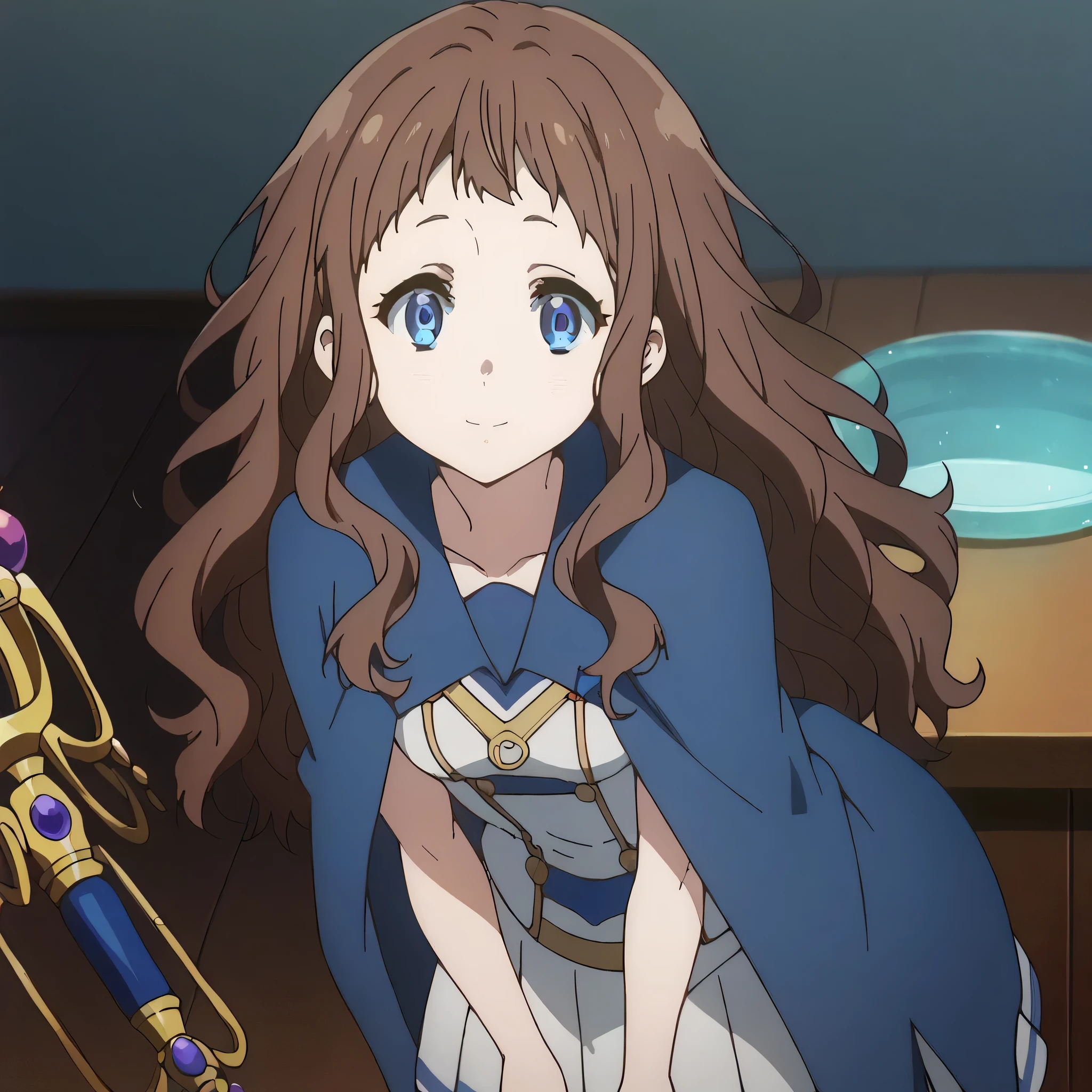 score_9, score_8_up, score_7_up, source_anime,
arche, ai shindou, long hair, blue eyes, brown hair, wavy hair,
skirt, priestress dress, prietress outfits, blue cape, magic blessed scepter, pleated skirt ,
indoors, bent over, smile,
looking at viewer, cowboy shot, dutch angle, solo,
