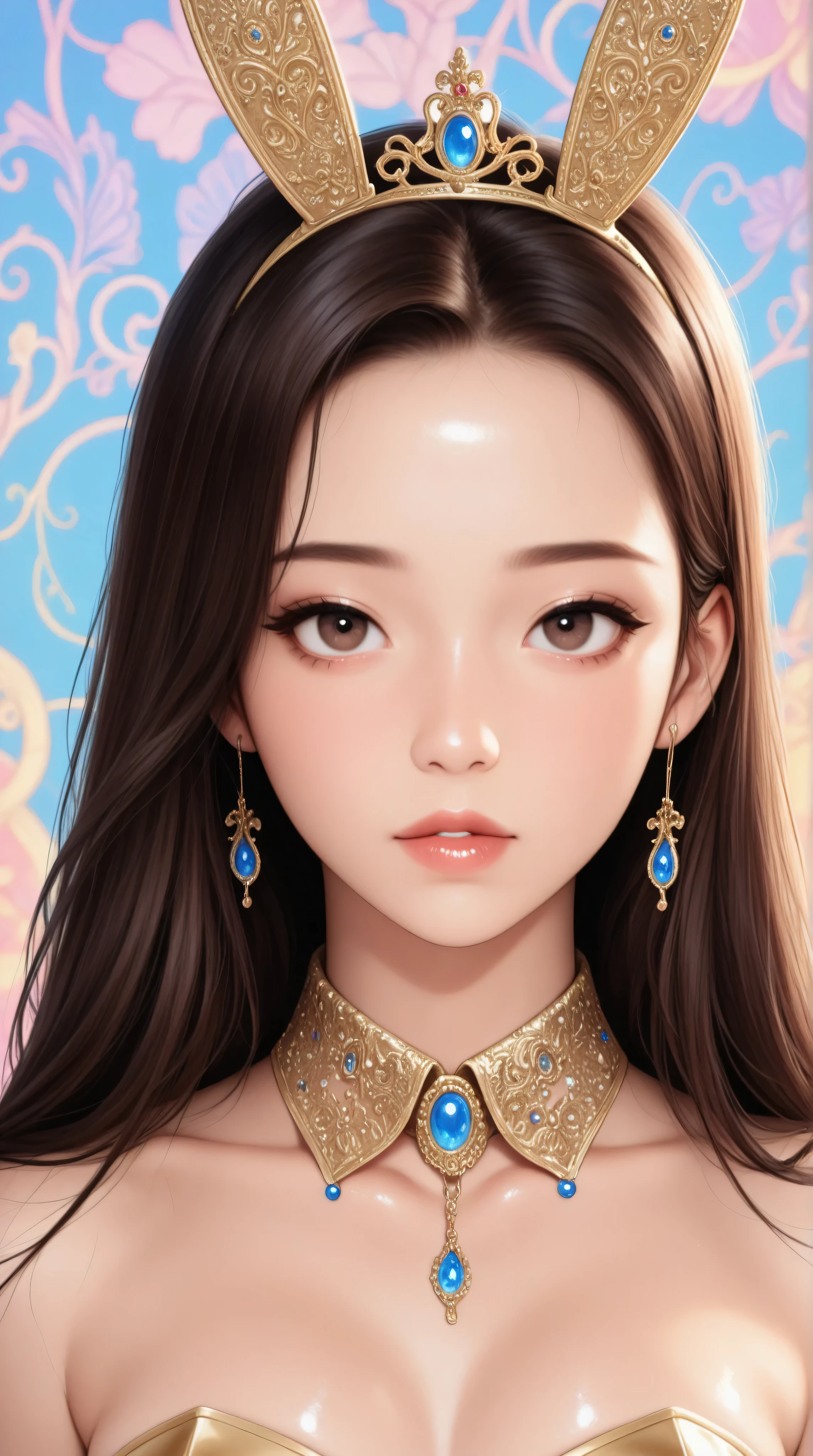 Young korean girl，Highly detailed, Amazing work，Vitreous luster,((clean backdrop))，In gold，(((pink)))，blues，Best quality at best, shiny skin, ((best quality)), ((masterpiece)), (detailed), perfect anime, young korean bunnygirl, portrait, luxury, surreal, fantasy, sci-fi, french retro, extravagant, ornate, royal clothing, regal, aristocrat, colorful background, retro anime style, 