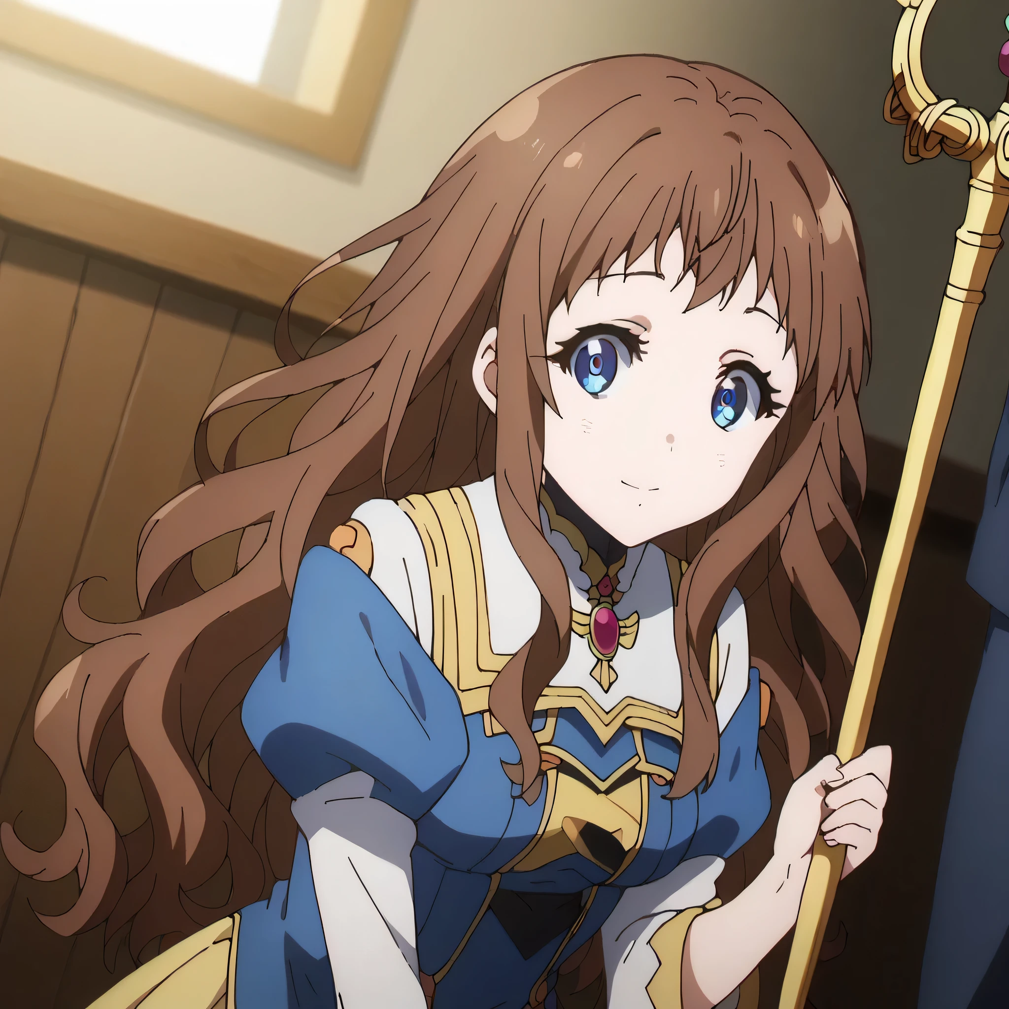 score_9, score_8_up, score_7_up, source_anime,
arche, ai shindou, long hair, blue eyes, brown hair, wavy hair,
skirt, priestress dress, prietress outfits, magic blessed scepter, pleated skirt ,
indoors, bent over, smile,
looking at viewer, cowboy shot, dutch angle, solo, 