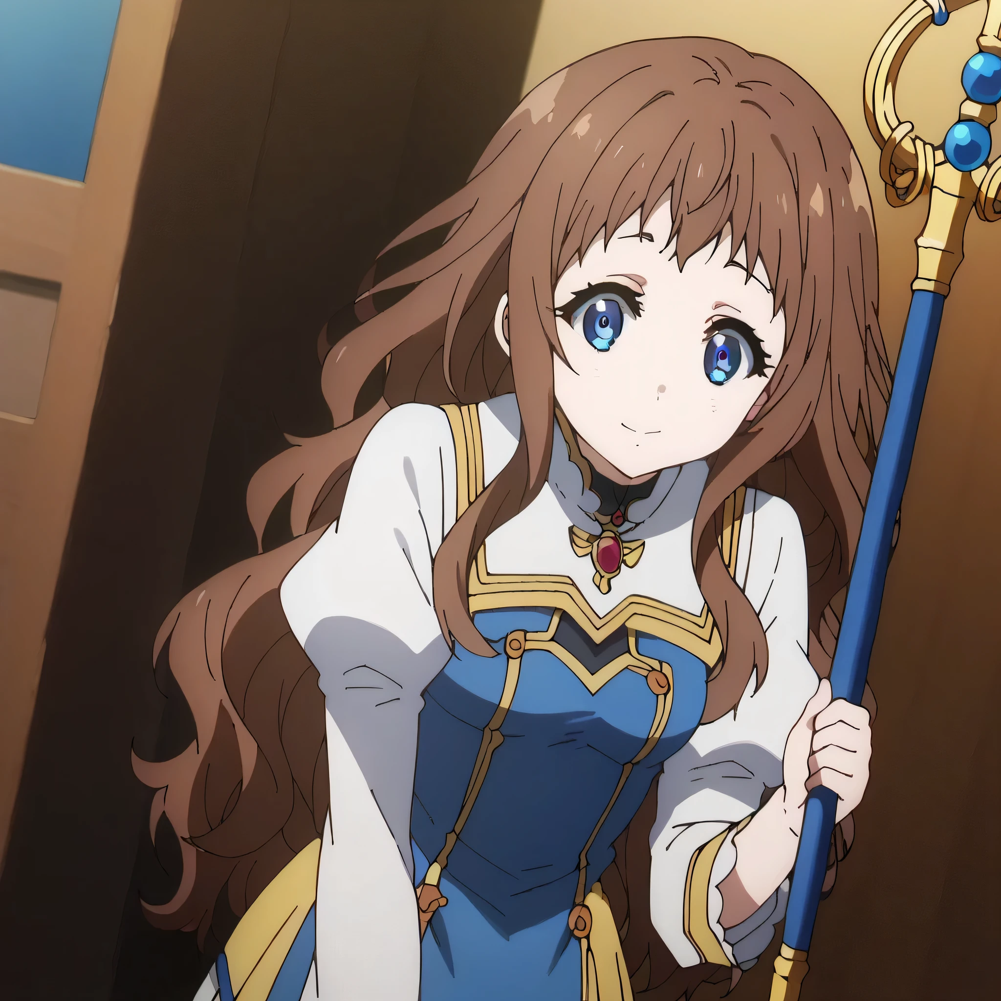 score_9, score_8_up, score_7_up, source_anime,
arche, ai shindou, long hair, blue eyes, brown hair, wavy hair,
skirt, priestress dress, prietress outfits, magic blessed scepter, pleated skirt ,
indoors, bent over, smile,
looking at viewer, cowboy shot, dutch angle, solo,