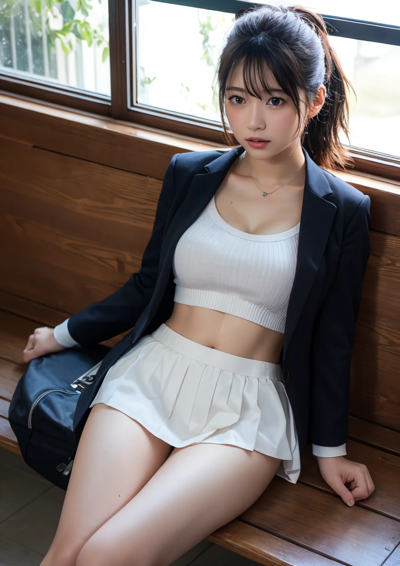Top quality, high image, 1 woman, 18 years old, school stairs, black jacket, Medium breasts,white blouse,plaid miniskirt, white panties, panty shot, from the below