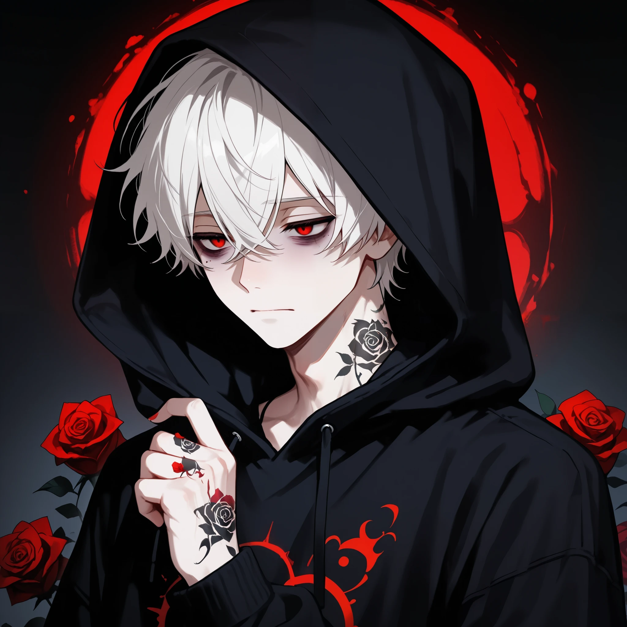 Male, white hair red eyes), (Dark circle under eyes Depressed face, Black hoodie, rose tattoo on hand and neck)
