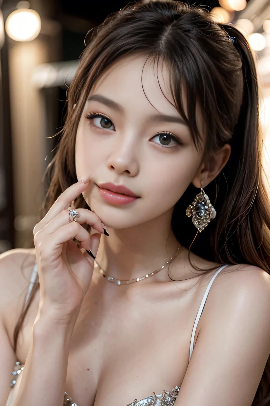 ((Make your subject look three-dimensional with the contrast of light and shadow)), (show 1 woman, 24 years old, famous actress, confidently walks on the red carpet, Film Awards Gala), looks at the viewer, (ultra-fine digital art)\, photorealistic Realism 16K Quality: (eyes: vibrant): {((Ultra absurd details of realistic perfectly round [eyes: brown: 1.4]), Ultra absurd quality and resolution)}, ((the most absurd quality perfect eyes:1.2)), ((super beautiful cute sharp-face)), (light pale complexion), ((clear no blur and sharp perfect round finely detailed pupils)), perfect Hands: [(Normal hands, five finger)], Face: [(Exquisite face)], Thin eyebrows, Carefully draw ((blue_eyelashes)), ((perfect round eyes:1.2)), (finely detailed pupils:1.2), (detailed symmetrical lips:1.2), BREAK, pink_lipstick:1.35), (perfect dark_eyeshadows:1.45), (long eyeliner), (super Detailed, beautiful little nose:1.2), ((Are happy,beautiful,Very detailed,sparkling eye,black eyelashes,emotional expression,Intense happy)), ((smiling, joyful face)), (perfect composition), Depth of field, cinematic light, Lens flare, dslr, best high quality soft lighting, sharp focus captured by Fujifilm XT3, f 5.6, in a dramatic lighting, dry skin, best high quality real texture skin, (A woman with velvety skin:1.3), (best high quality real texture hair), (blonde hair(wavy combed up, behind the ear:1.22), hyper detailed:1.25), (firm big full breasts), (slim muscled body), she is the embodiment of beauty and allure, ((Dressed in a breath taking, silk Dolce & Gabbana.Floral dress:1.3)), elegant fashion intricately detailed:1.28), floral couture, (clothes made of silk and flower:1.3), 3/5 long, ((closeup to her face:1.33))