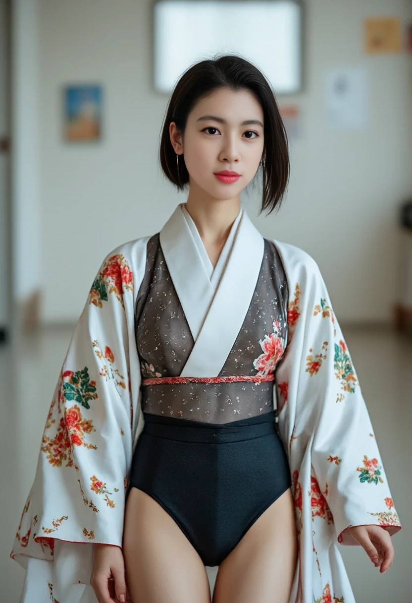 textured skin Surrealism Japanese Late 20s Wearing a kimono Wearing out Short Hair One eye is closed No underwear smile