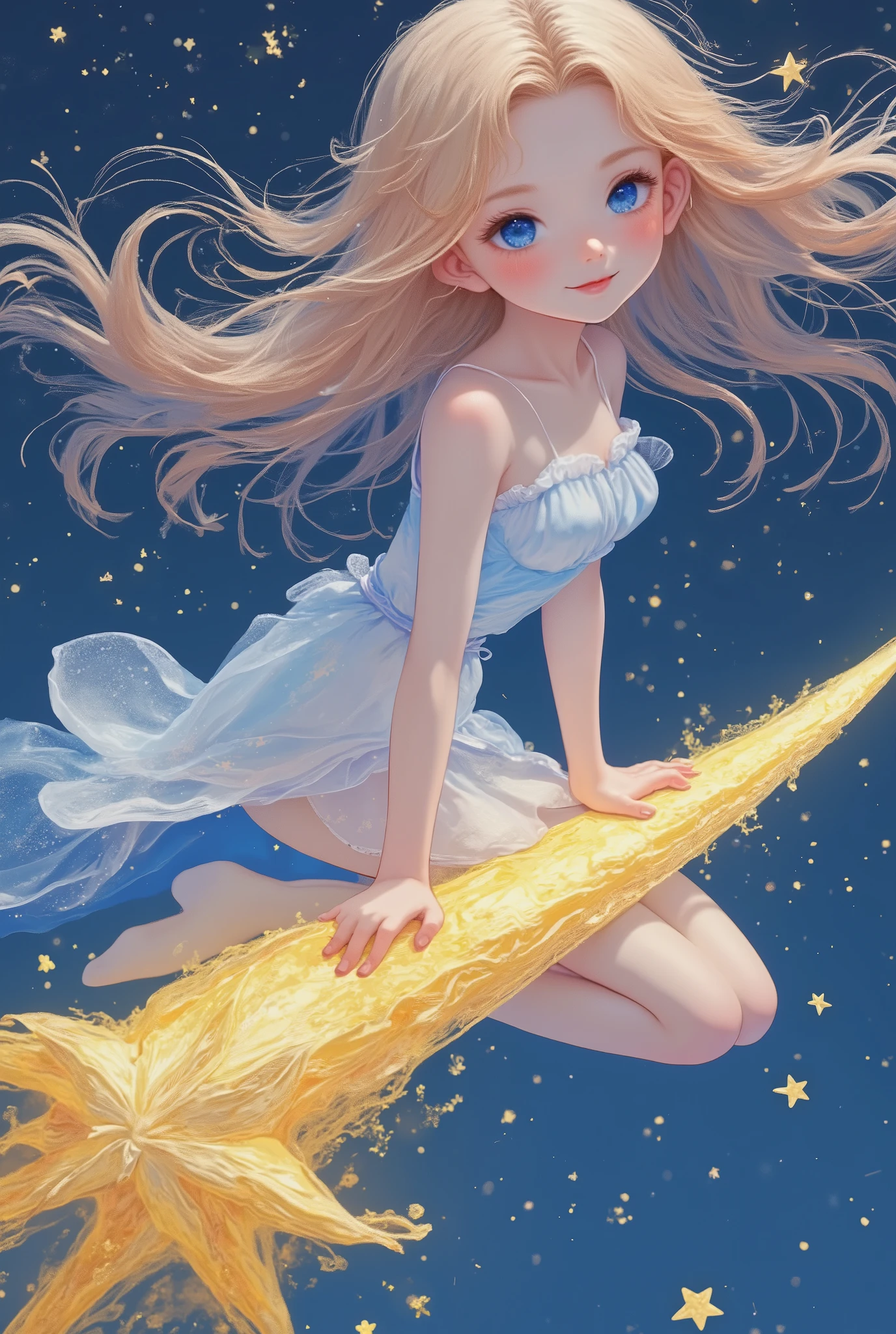 Manga anime character art , beautiful girl with a happy expression riding on the tail of a shooting star, Bright night sky , stars shining in the completely dark night sky , various effects, Conceptual art installation , professional and perfect composition , extremely delicate representation, extremely clear image, Bold and dynamic female hero , contrasts of light and shadow, thigh strap , absolutely resolution , masterpiece